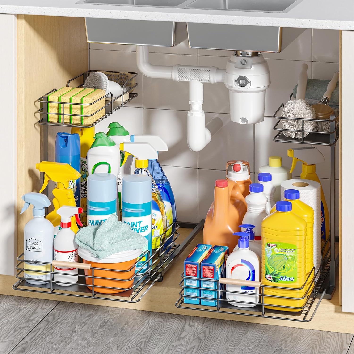 LAMU 2Pack Under Sink Organizers and Storage, 2 Tier Bathroom Kitchen Cabinet Organizers and Storage, Pull Out Under Sink Storage Kitchen Shelf Organizer for Under Counter Storage Organizer
