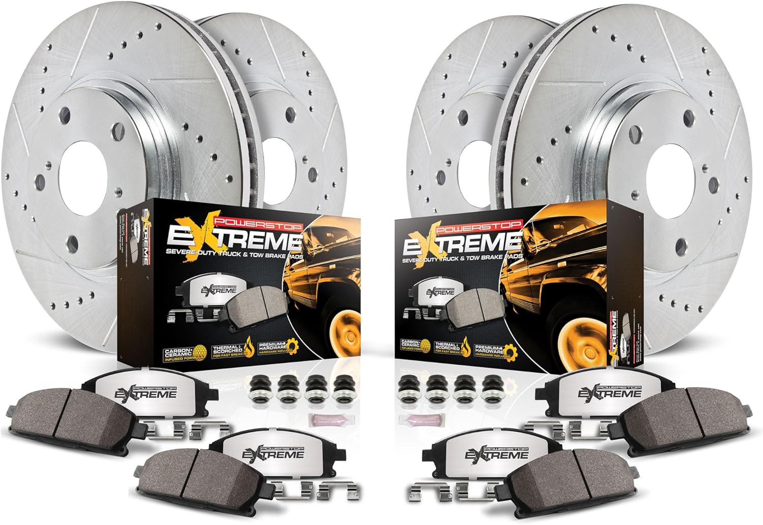 Power Stop Brake Kit For 2010-2022 Lexus GX460, 2010-2023 Toyota 4Runner - Front and Rear Z36 Truck & Tow, Drilled and Slotted Brake Rotors, and Carbon Fiber Ceramic Brake Pads Replacement, K5874-36