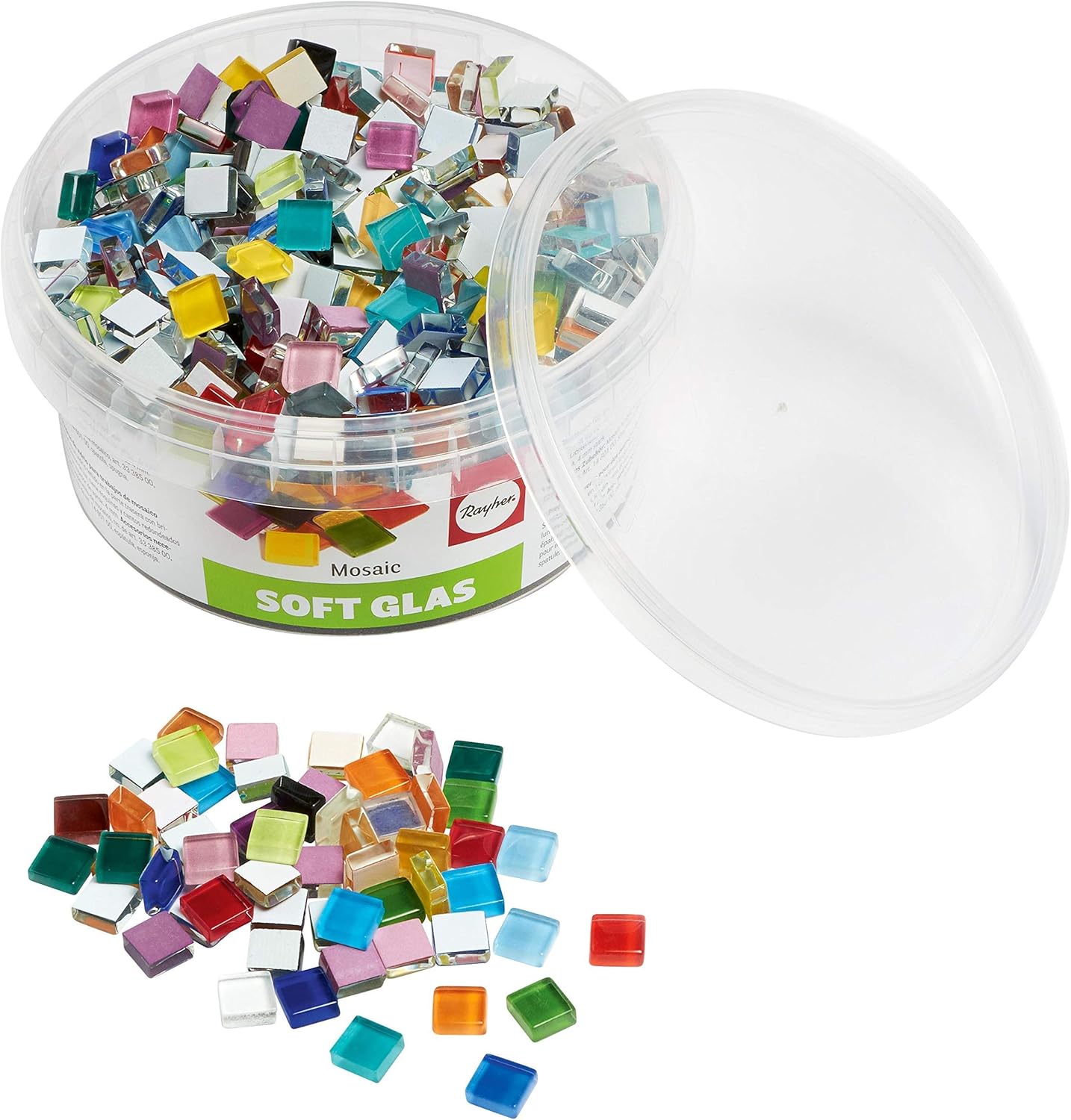 Rayher 14794999 Soft Glass Mosaic Tiles, assorted colours with shiny finish, square-shaped, 1 x 1 cm, 500 g