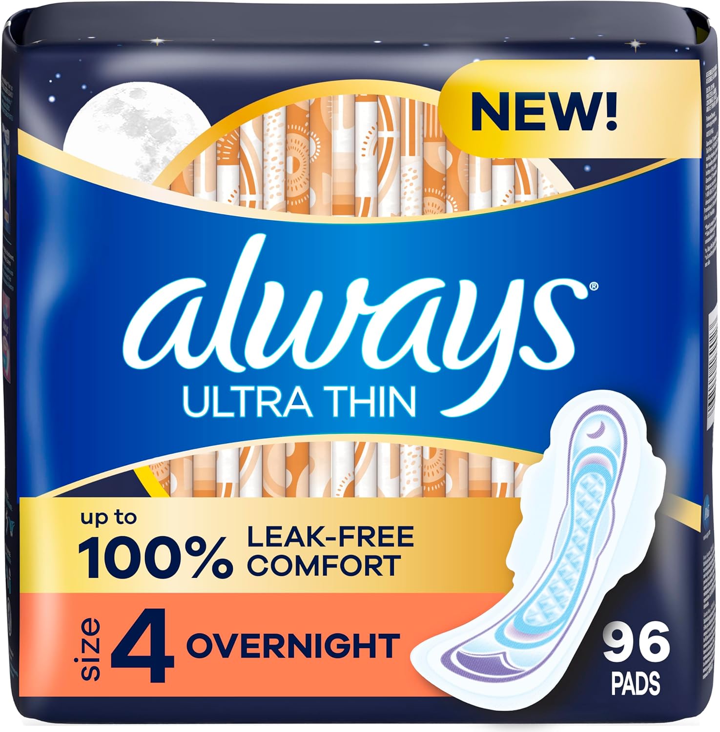Always Ultra Thin Overnight Pads with Wings, Size 4, Overnight, 96 Count (3 Packs of 32)