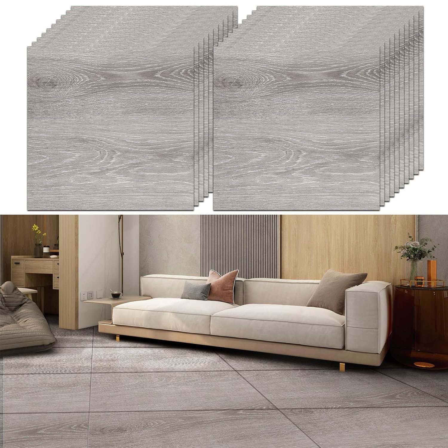 YAYODS 40 Pack Grey Wood Effect Floor Tile Vinyl Flooring, 30x30cm Self Adhesive Flooring Stickers, Waterproof Peel and Stick Floor Tile for Kitchen Bathroom Living Room and Floor Planks