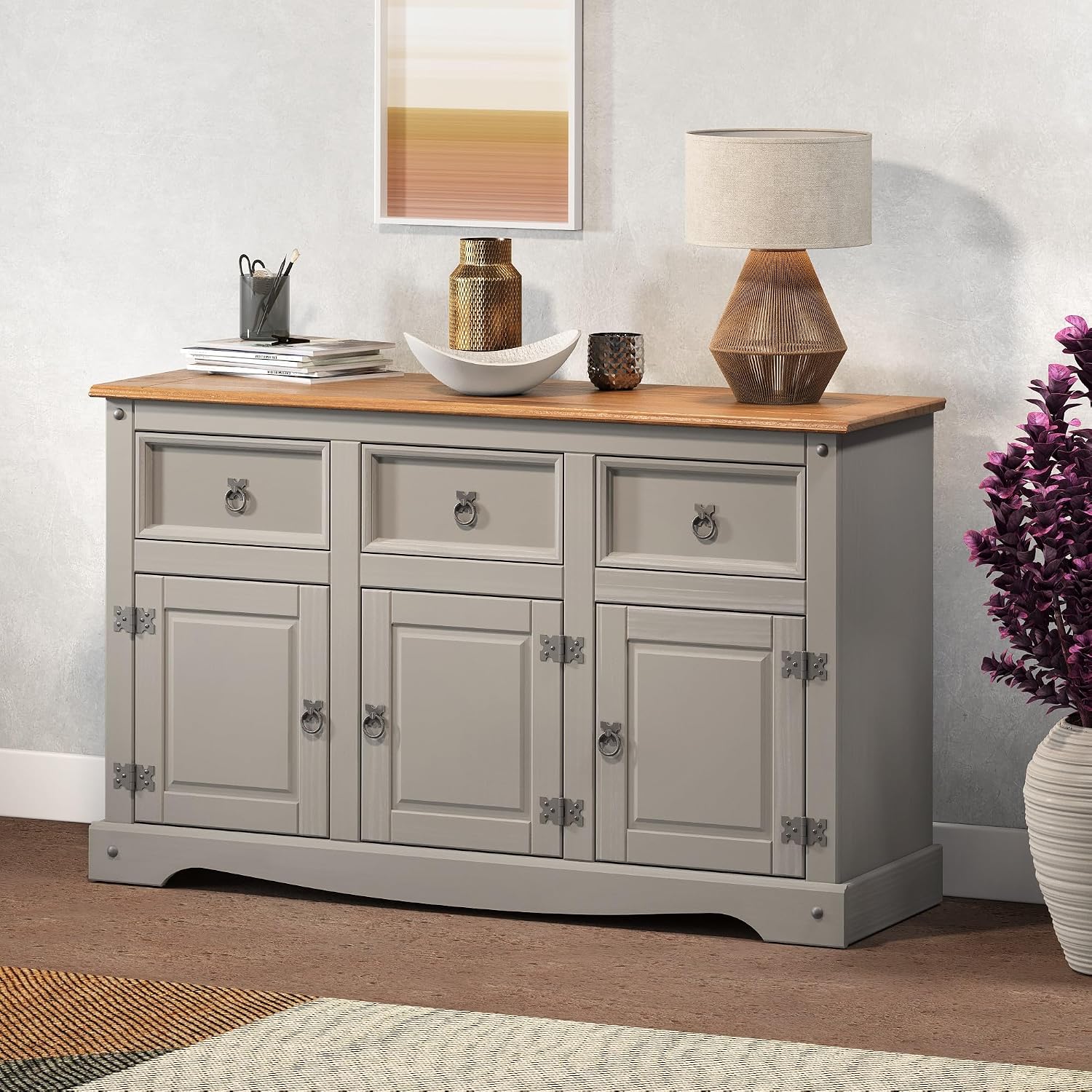Corona Sideboard Grey 3 Door 3 Drawer Solid Pine Wax Living Room