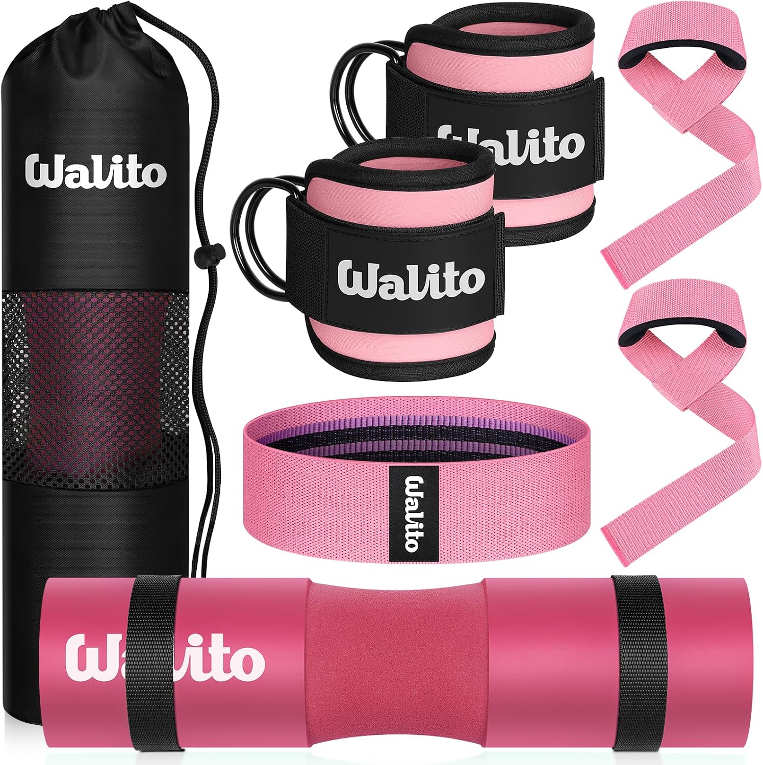 WALITO 8Pcs Barbell Pad Set for Hip Thrust - Squat Pad,Gym Accessories for Women with Bar Bad,Bench Press, with Gym Ankle Straps,Resistance Bands for Working Out,Lifting Strap,Carry Bag