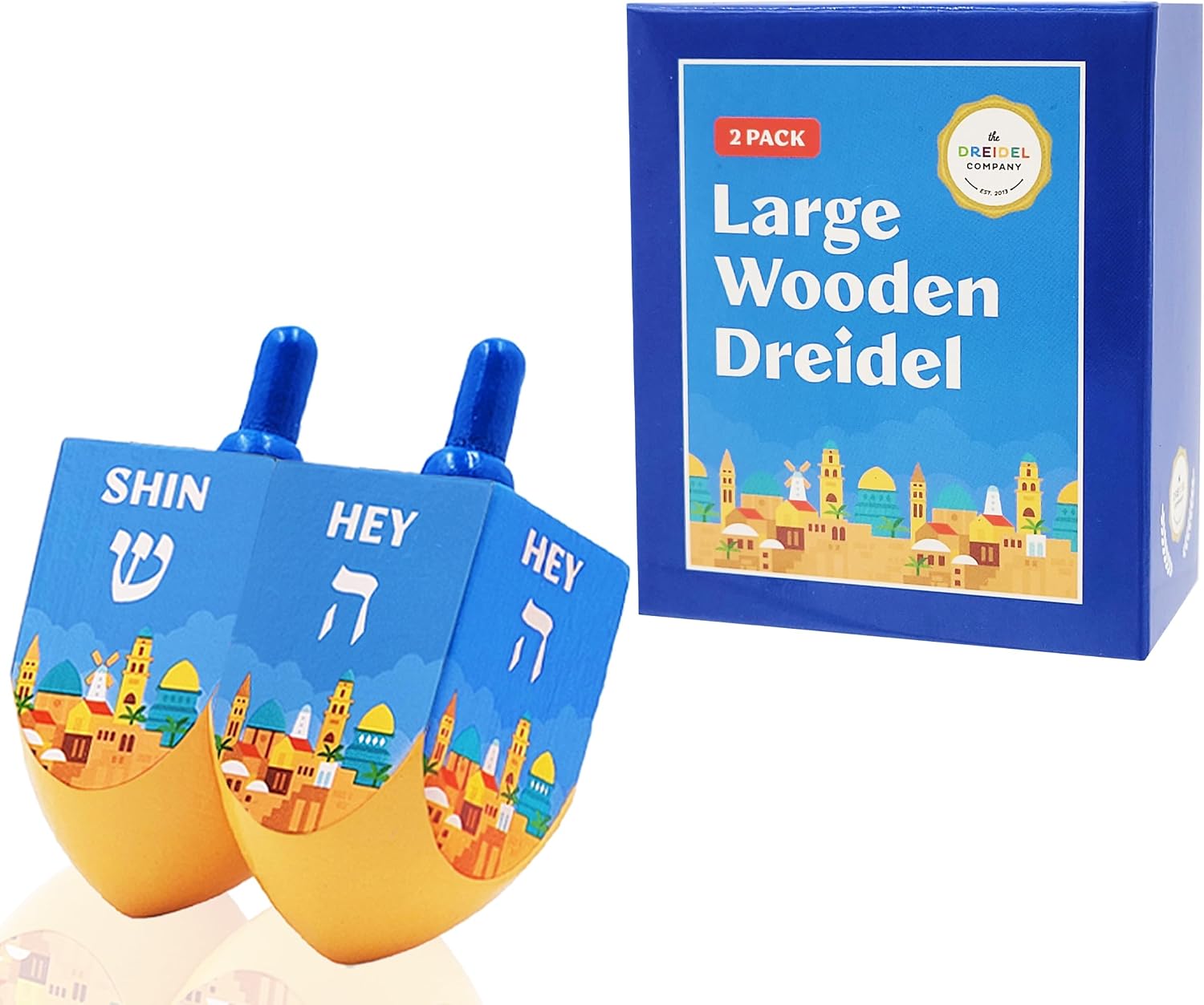 The Dreidel Company Extra Large Jerusalem Wood Dreidels, Let's Play Dreidel The Hanukkah Game, Instructions Included (2-Pack)