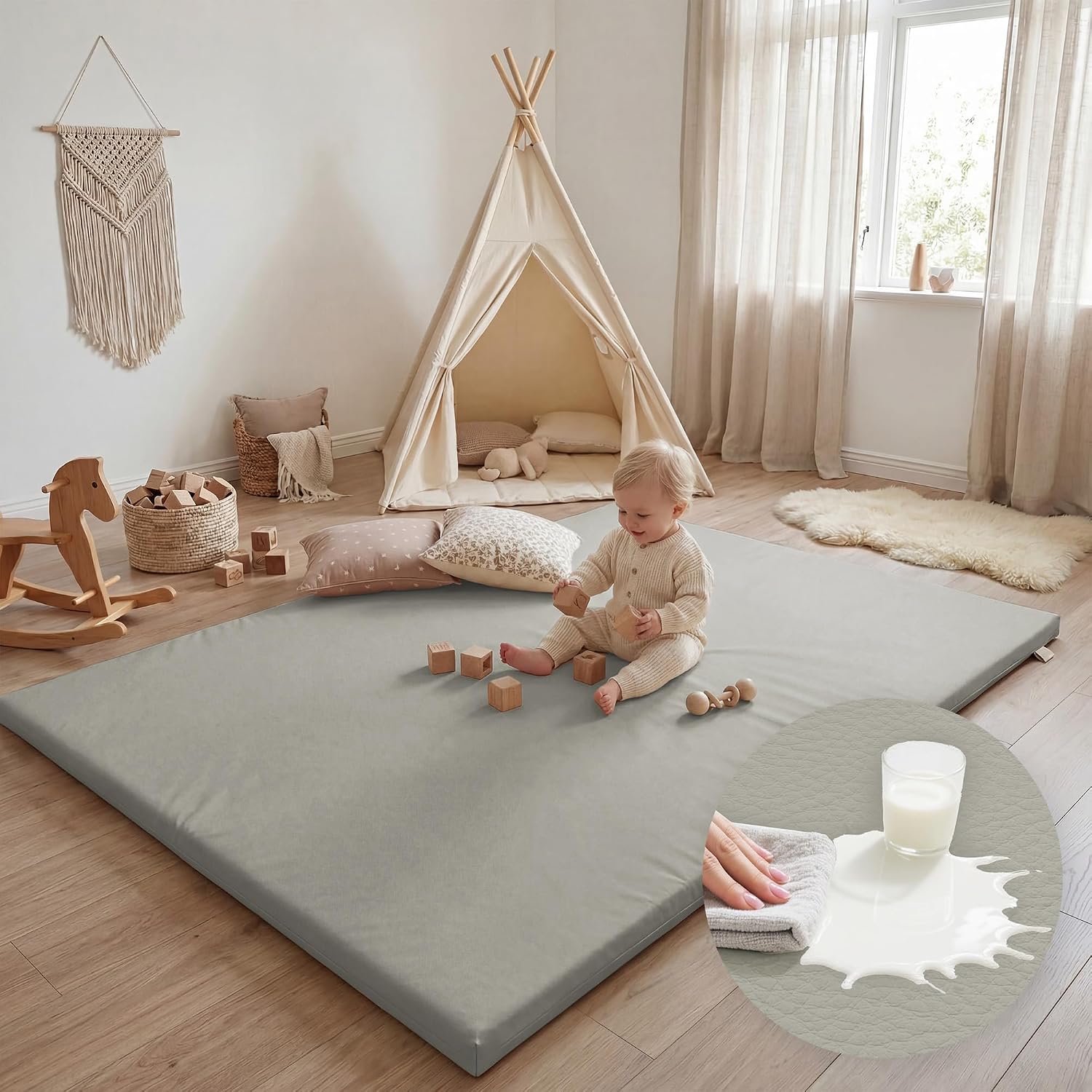 Huloo Sleep Baby Play Mat 65x50 Inches, 1.3" Thick Padded Waterproof Floor Cushion & Playpen Mat with Vegan Leather, Non-Slip & Non-Toxic Nursery Rug for Infants, Toddlers & Kids(Grey)