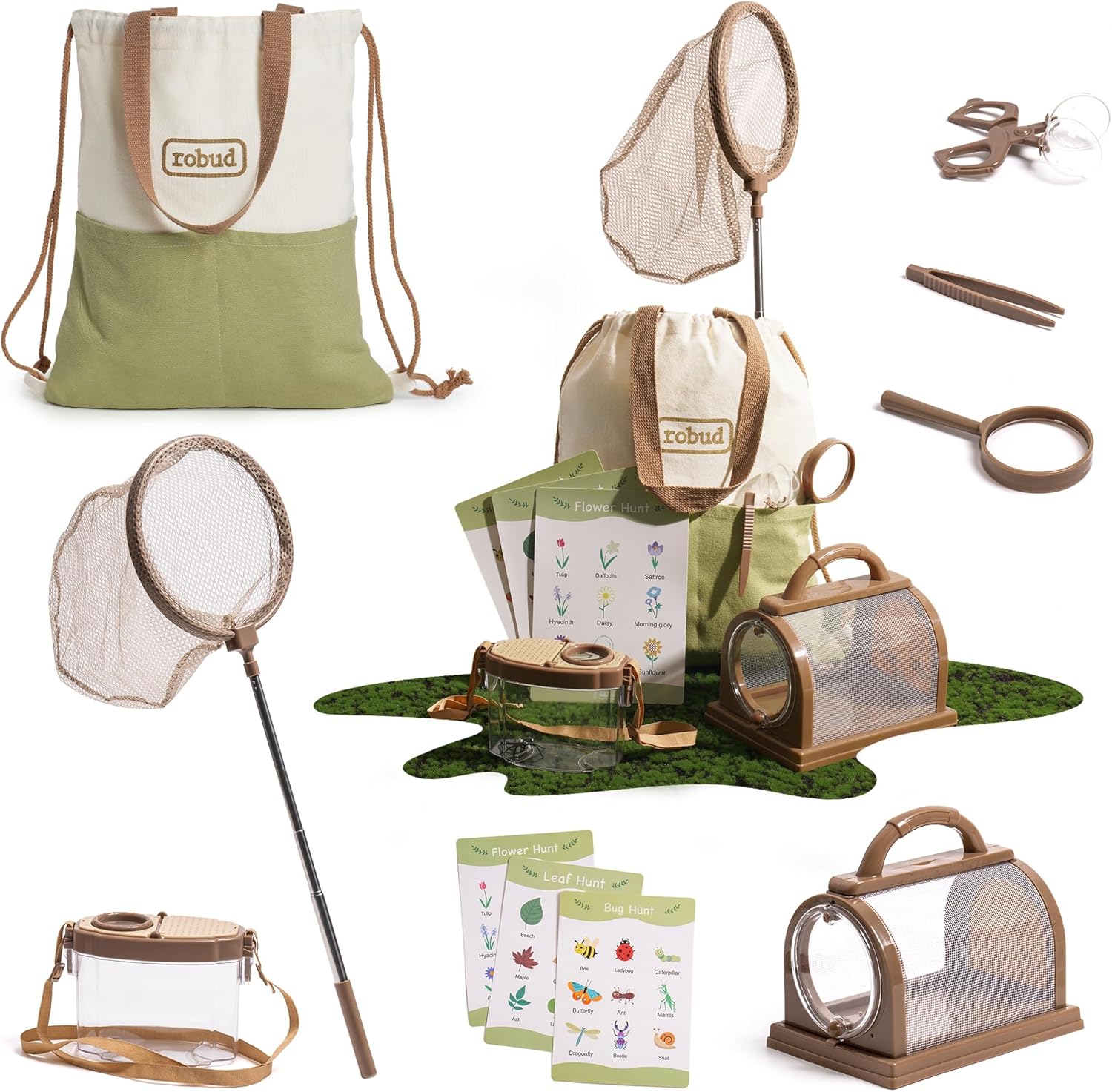 ROBUD Kids Explorer Kit & Bug Catcher Kit, Outdoor Adventure Set with Insect Catcher, Magnifying Glass, Bug Viewer, Butterfly Net, Carry Bag, Camping Toys Gifts for Boys Girls 3-12 Year Old