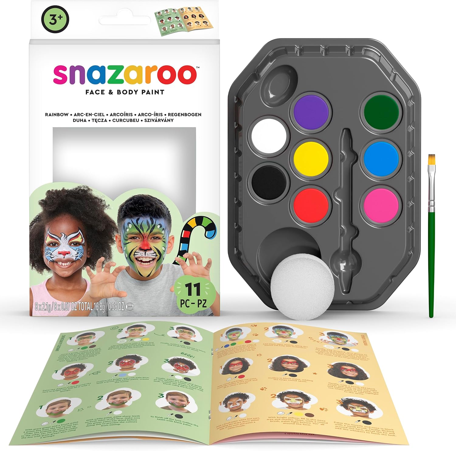 Snazaroo Multicolor Face Paint Kit (1 Pack of 11 Pcs.) 0.56 Fl oz. - Vibrant Colors, Perfect for Kid's Parties, Halloween, Festivals World Cup, & More