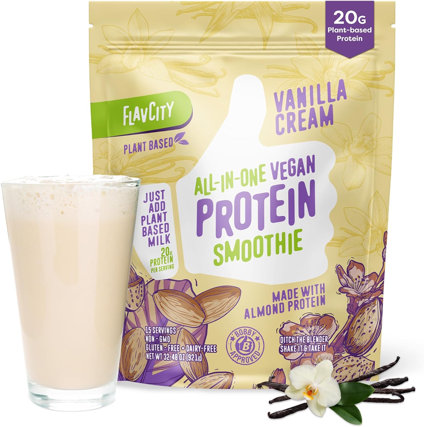 FlavCity All-in-One Vegan Protein Powder Smoothie, Vanilla - Plant-Based Pre-Workout Meal Replacement Shake for Women & Men Made with 20g of Almond Protein - Gluten Free & Dairy-Free