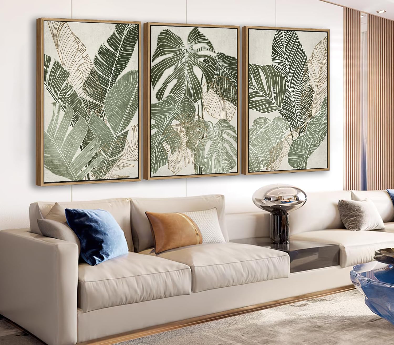 Large Framed Canvas Wall Art - Natural Float Framed Green Plantain Leaves Pictures Decor Brown Leaf Lines Artwork Paintings for Bedroom Living Room Kitchen Home Office Decoration 60" X 28" Set of 3