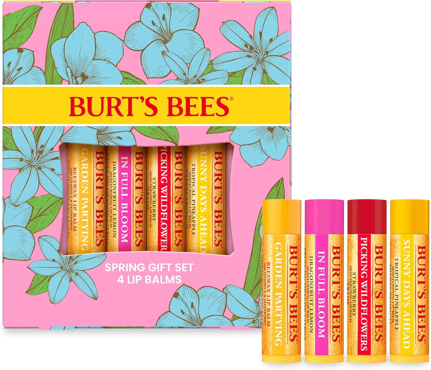 Burt's Bees In Full Bloom Lip Balm Gift Set, Strawberry, Pineapple & Dragonfruit Lemon