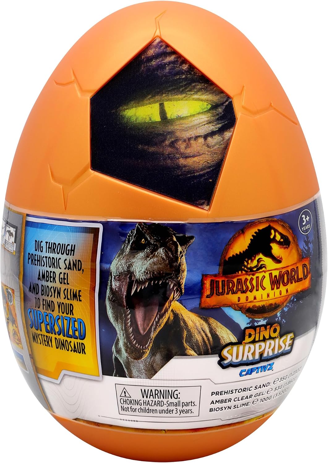 Jurassic World CAPTIVZ DOMINION SURPRISE EGG. DOMINION MOVIE EXCLUSIVE SUPER SIZED POP N LOCK DINOS. SAND, AMBER SAP, BIOSYN LAB SLIME