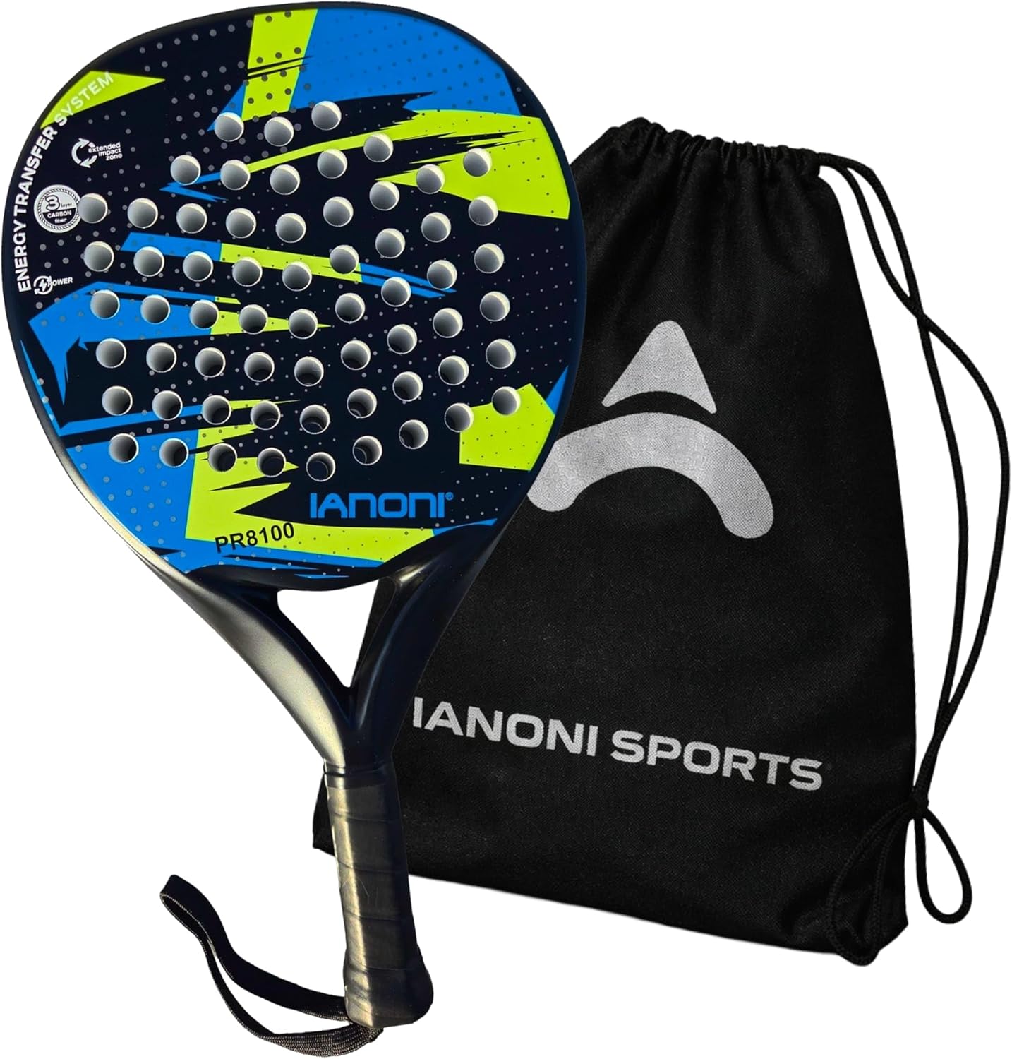 ianoni Padel Racket Carbon Fiber Surface with EVA Memory Flex Foam Core Paddle Tennis Racquets -8100-blue and green
