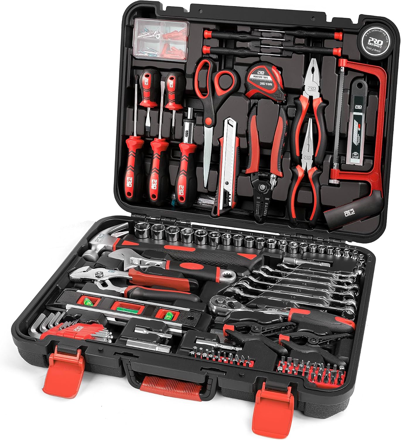 Prostormer 259-Piece Tool Kit, General Household Hand Tool Set with Plastic Storage Toolbox, Portable Complete Repair Tool Box for Home and Car (Red)
