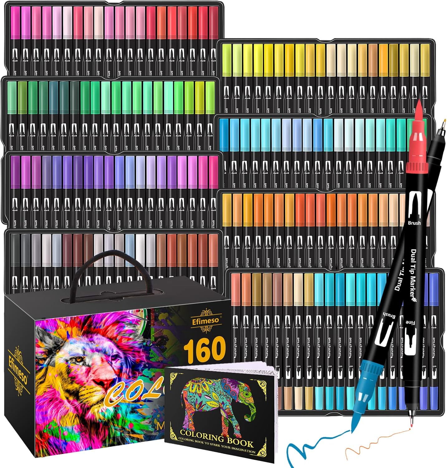 Efimeso 160 Colour Felt Brush Tip Pens, Dual Tip Brush Marker,Colouring Pens Fineliners Art Supplies for Drawing Sketching Colouring Book