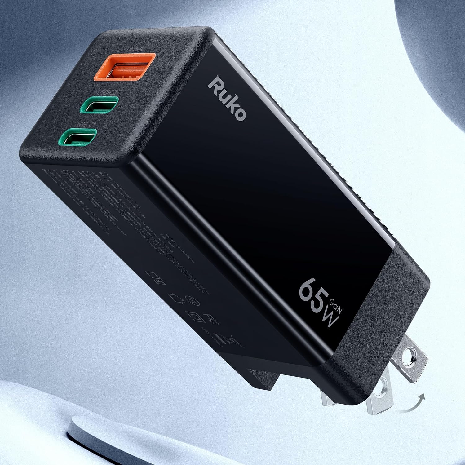 Ruko PD65W USB C Charger, 3-Port GaN Fast Wall Charger, Compact Foldable Charging Block for Drones, MacBook Pro/Air, Galaxy S24, Dell XPS 13, Note 20/10+, iPhone 16/Pro, Switch and Pixel- Black