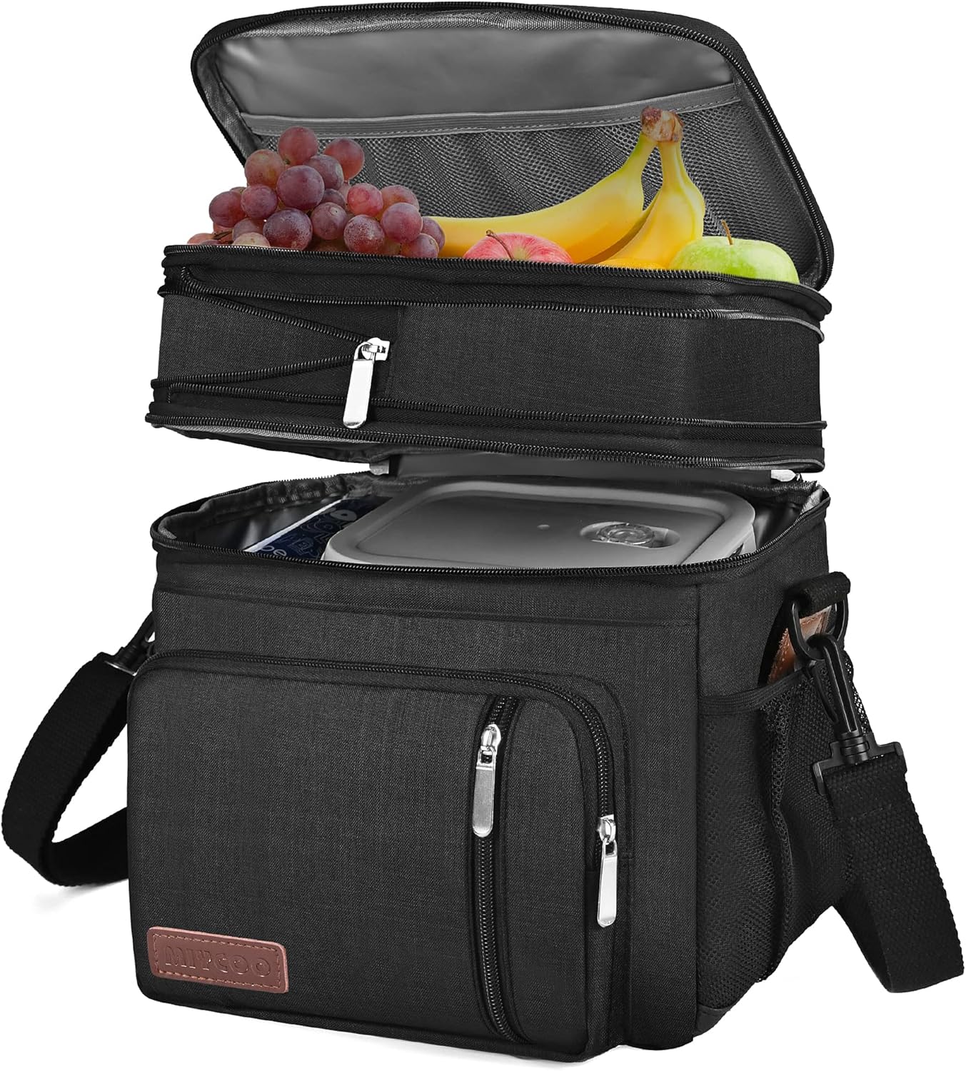 MlYCOO Lunch Bag & Lunch Box for Men Women Double Deck, Leakproof insulated Soft Large Adult Lunch Cooler Bag for Work, Beach, Picnic, Camping, Travel (Black,15L)