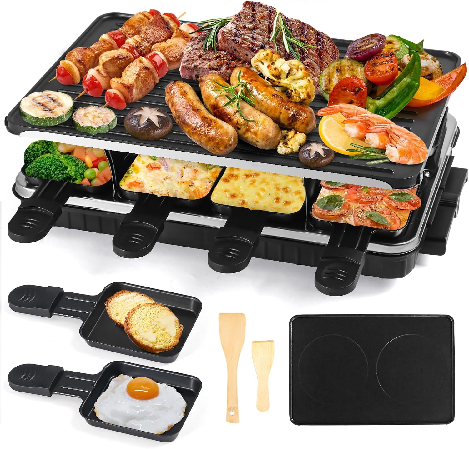 Raclette Grill 8 Person Indoor Grill Machine with 8 Mini Non-Stick Raclette Cheese Pan Electric Crepe Pancake Maker, 8 Wooden Spatulas Electric Barbecue Grills BBQ Health, 1300W