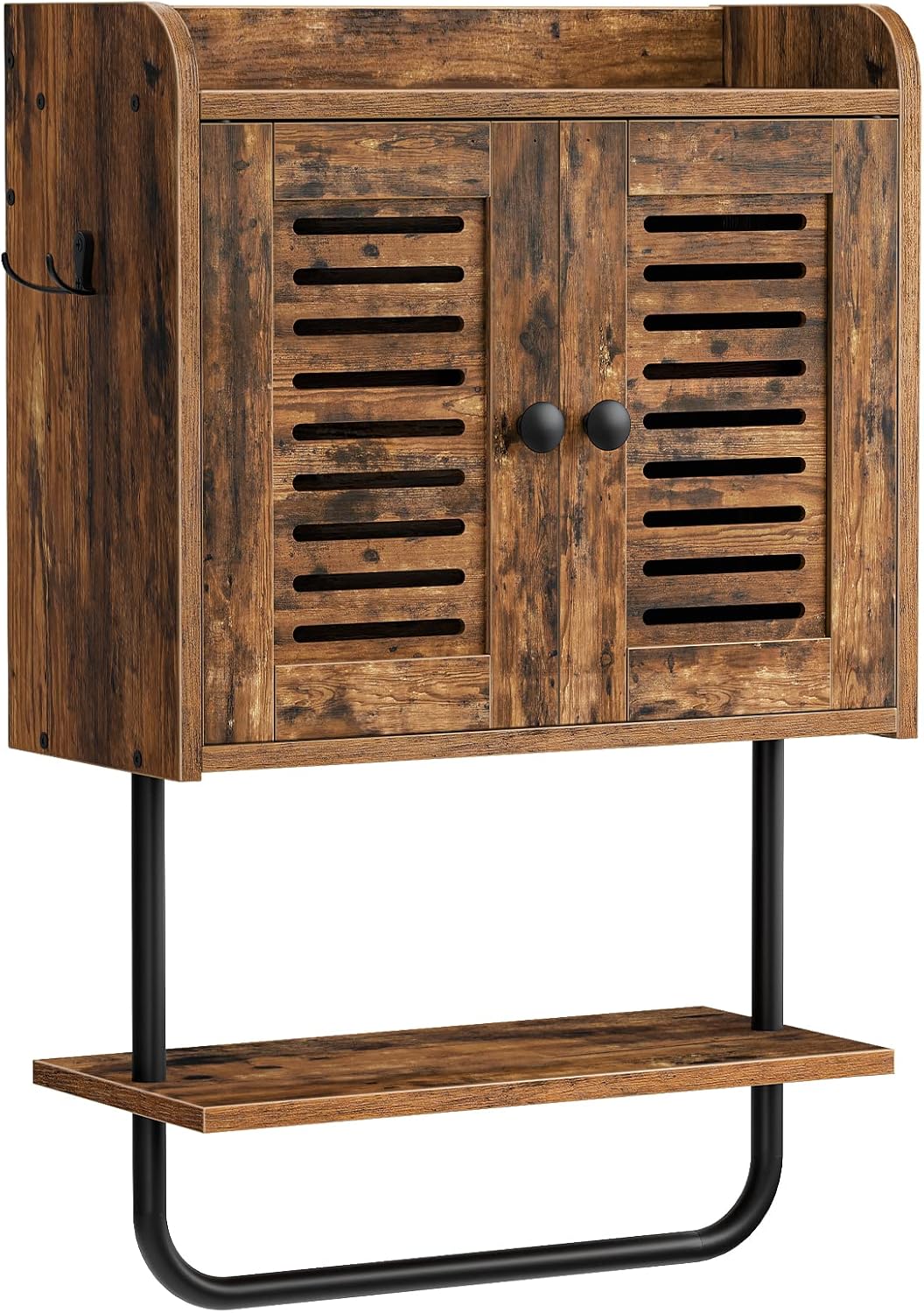 HOOBRO Medicine Cabinet, Double Doors Bathroom Wall Cabinet with Towel Bar, Adjustable Shelf, 2 Hooks, Over The Toilet Storage Cabinet, for Bedroom, Kitchen, Rustic Brown BF46CW01