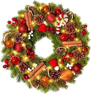 Quntis 16 Inch Christmas Wreath with 40 Lights 8 Modes, Lovely Christmas Door Wreath Decorations Artificial Xmas Wreath with PineCones Dried Lemon Pieces, Winter Wreaths Outdoor Porch Fireplace Window