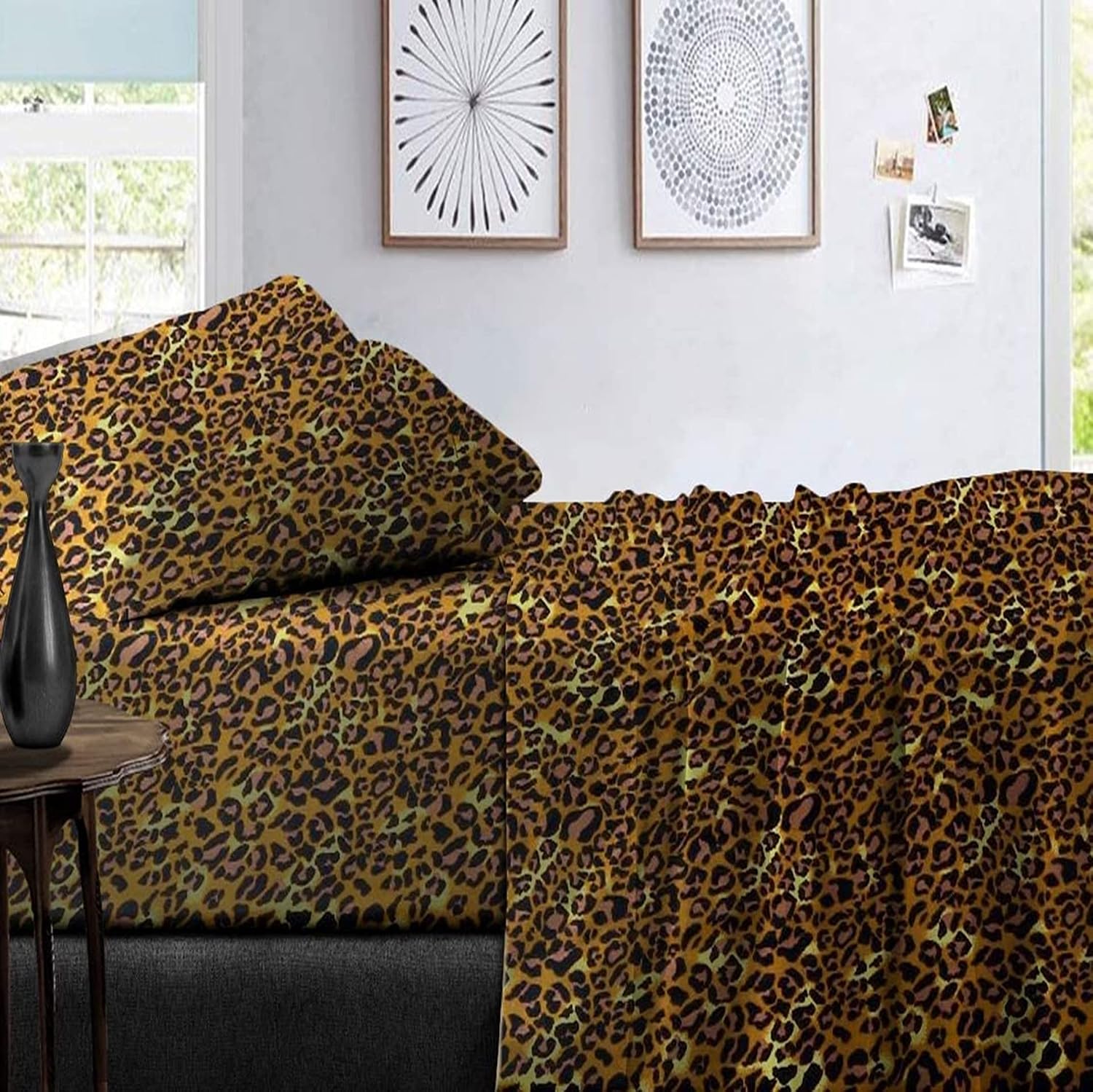 100% Egyptian Cotton Sheets, Leopard Print-Split Cal-King Sheets Set, 600 Thread Count Extra Long Staple Cotton, Sateen Weave for Soft and Silky Feel, Fits Mattress Upto 10'' DEEP Pocket Mattress