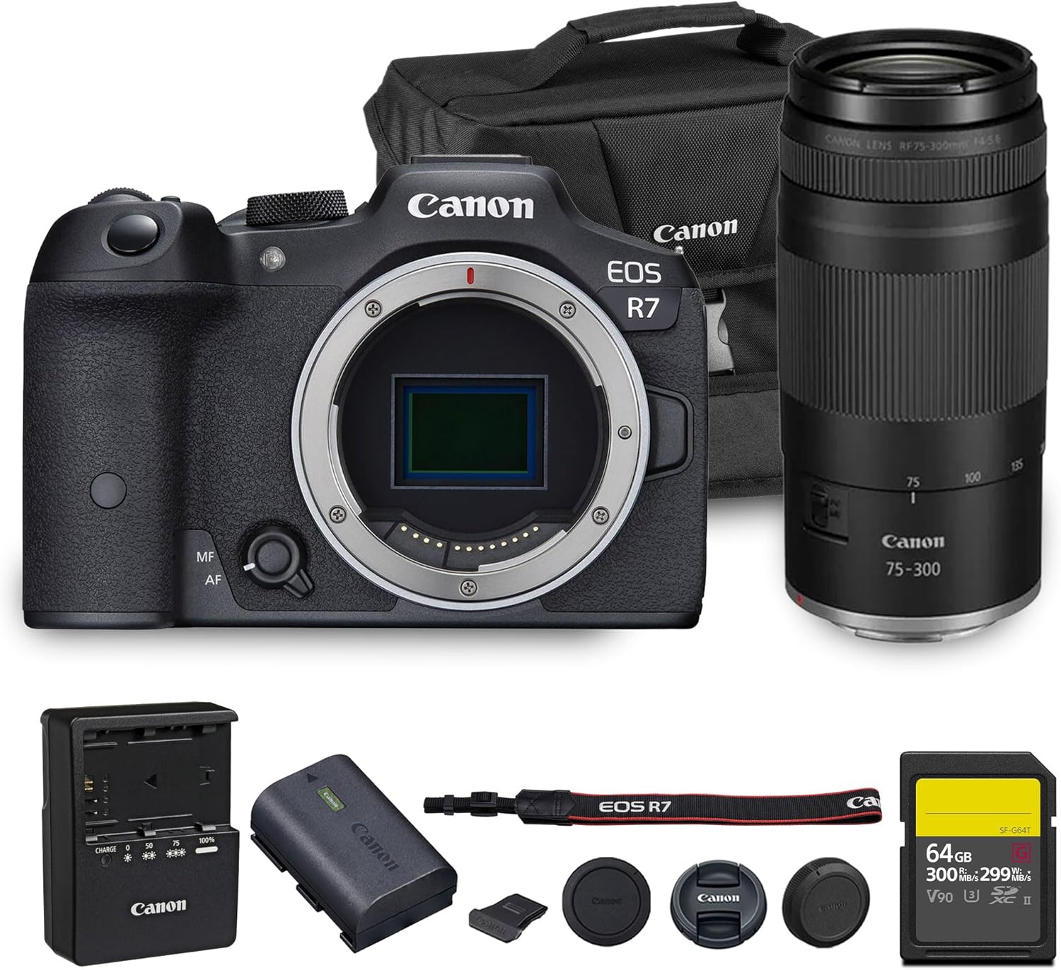 Canon EOS R7 Mirrorless Camera | 32.5MP APS-C Sensor 4K 60p Video | Fast Autofocus in-Body Stabilization for Wildlife and Sports (5137C002) + Canon RF 75-300mm Lens + 64GB Card + Bag