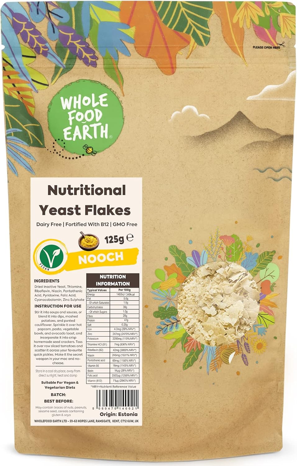 Wholefood Earth Nutritional Yeast Flakes (Nooch) 125g | Dairy Free | Fortified with B12 | GMO Free