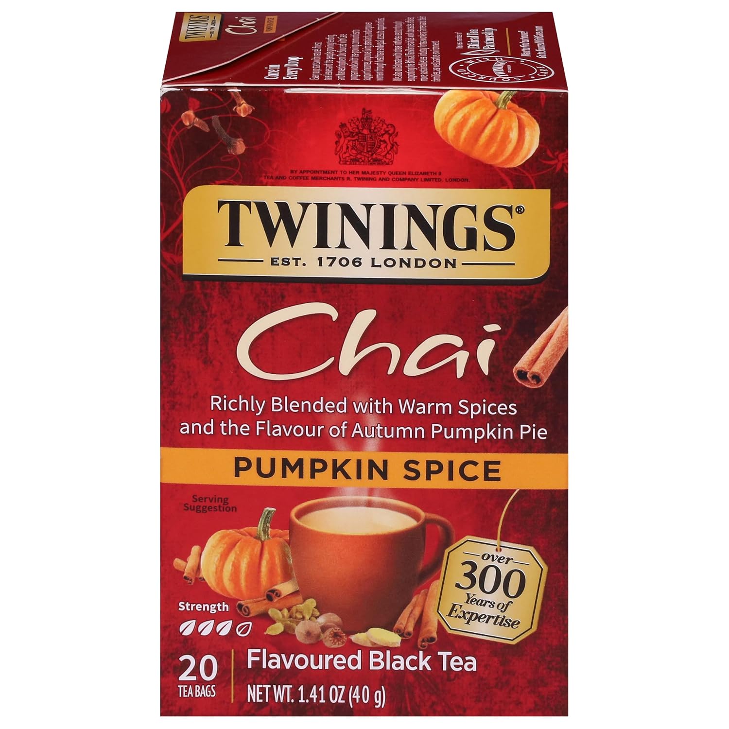 Twinings Pumpkin Spice Chai Black Tea Individually Wrapped Bags, 20 Count (Pack of 1), Warm, Spicy & Aromatic, Caffeinated, Enjoy Hot or Iced, 20 Teabags | Pumpkin Pie Flavour, Cinnamon, Ginger, Allspice, Nutmeg, Clove, Contains Caffeine, 20 Foil Lined Individually Wrapped Bags