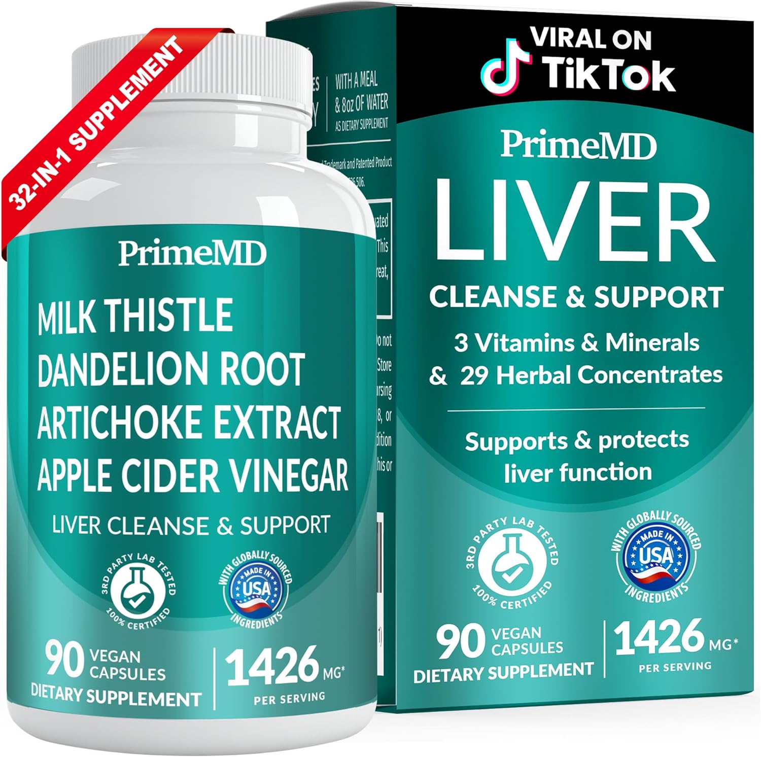 32-in-1 Liver Cleanse Detox and Repair with Milk Thistle, Silymarin, Artichoke Extract and Beetroot Powder for Liver Support - Gallbladder Supplement with Active Liver Health Formula - 1426mg (90ct)
