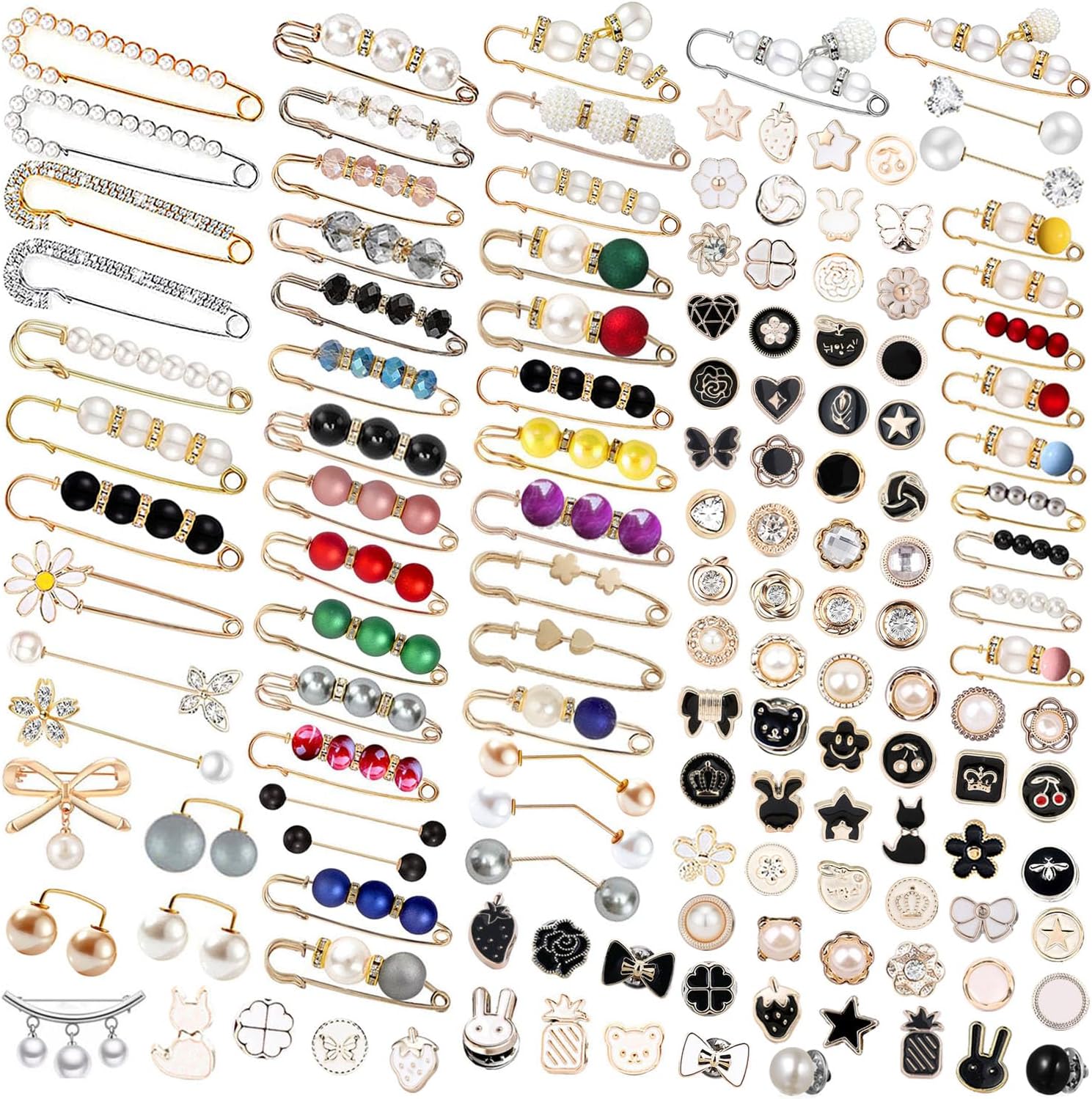 145 Pcs Brooch Pins, Sweater Shawl Hat Clip Neckline Pins Double Faux Pearl Brooches for Women Fashion Cover Up Buttons Clothing Dress Decoration Accessories Pant Waist Tightener Safety Pins