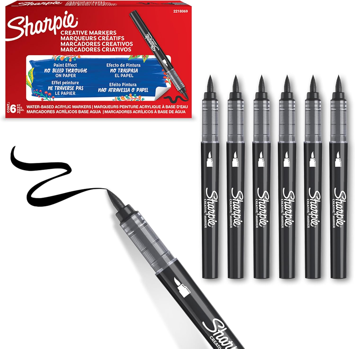 Sharpie Creative Marker Acrylic Paint Pens | Brush Tip Water-Based Paint Markers | Black | No-Bleed Ink Writes on Most Surfaces | Crafting & Art Supplies | 6 Count