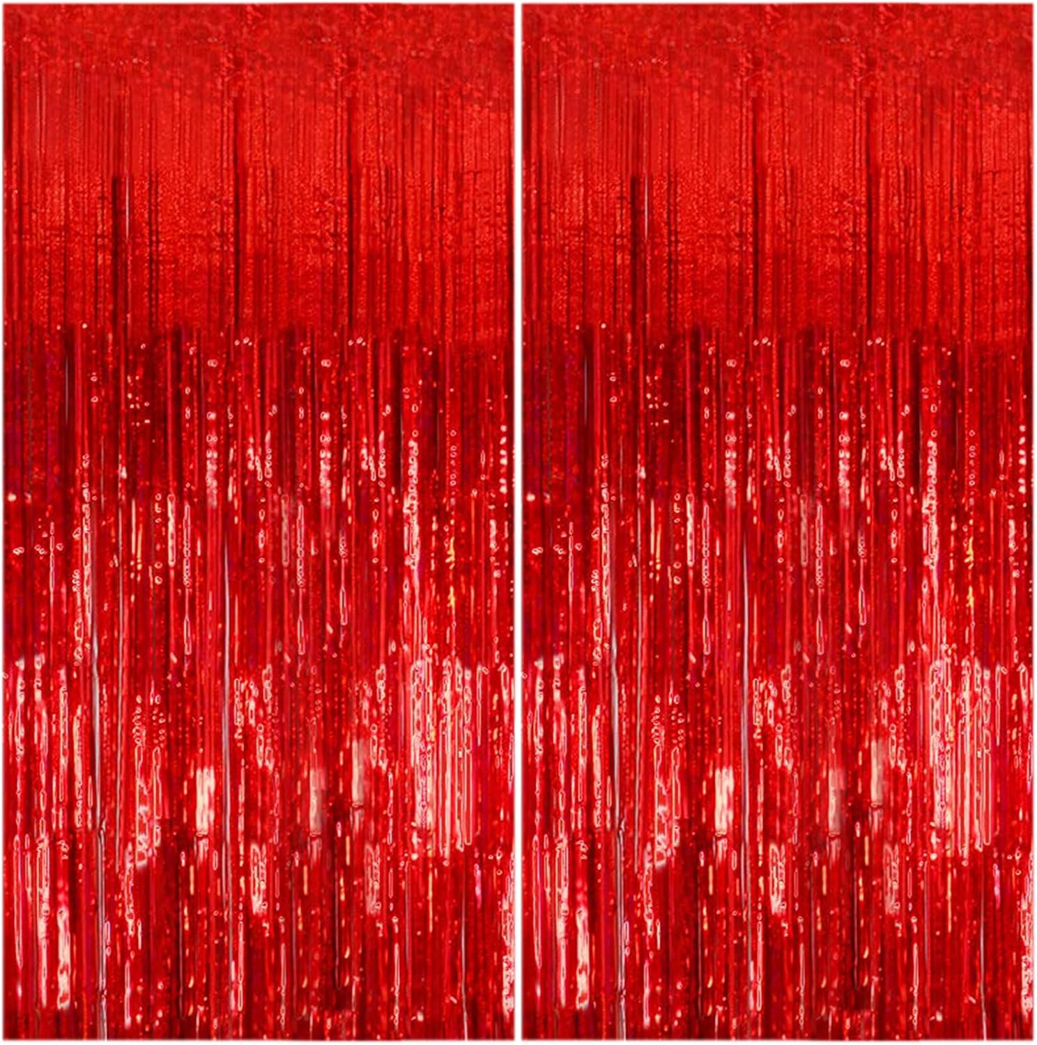 2 Pack Foil Curtain Backdrop Red Metallic Tinsel Foil Fringe Curtains Photo Booth Props for Birthday Wedding Engagement Baby Shower Bachelorette Christmas Holiday Celebration Party Decorations