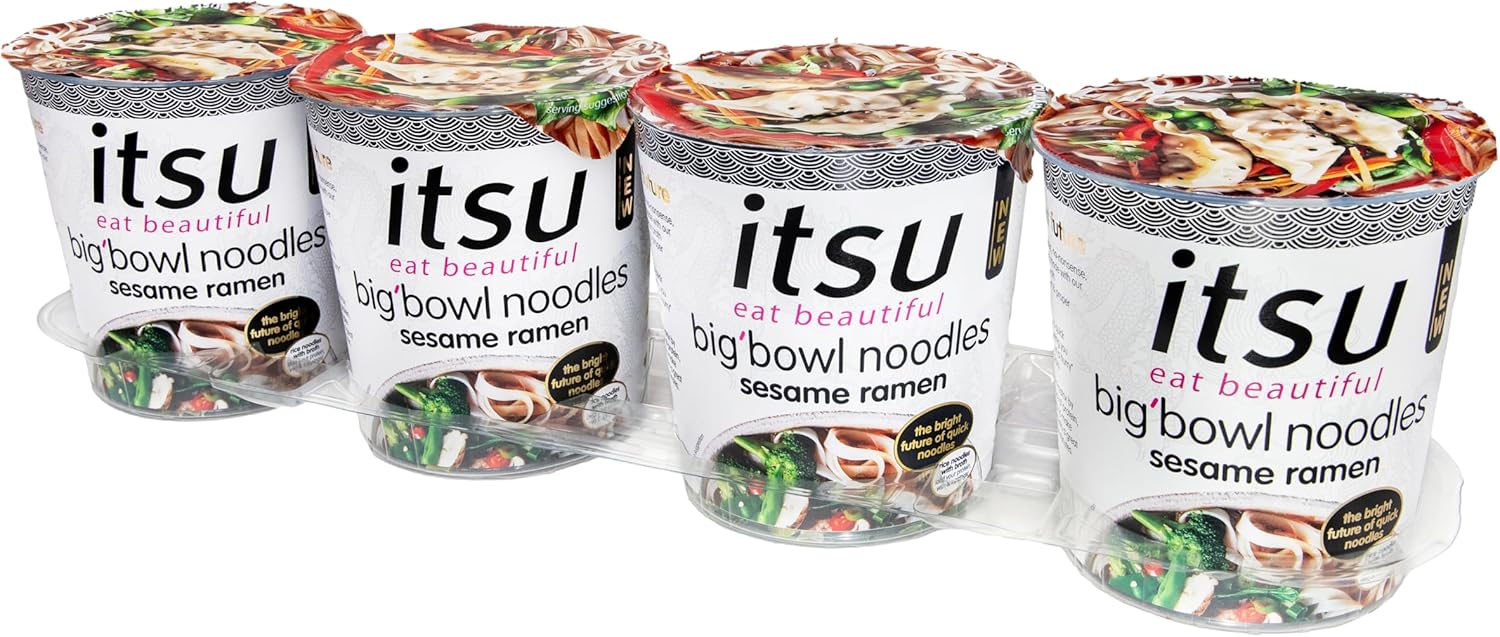 itsu Sesame Chicken Big’Bowl Noodles 97g | Sesame Miso Broth | Rice Noodles | Quick-to-Make Snack | Pack of 4