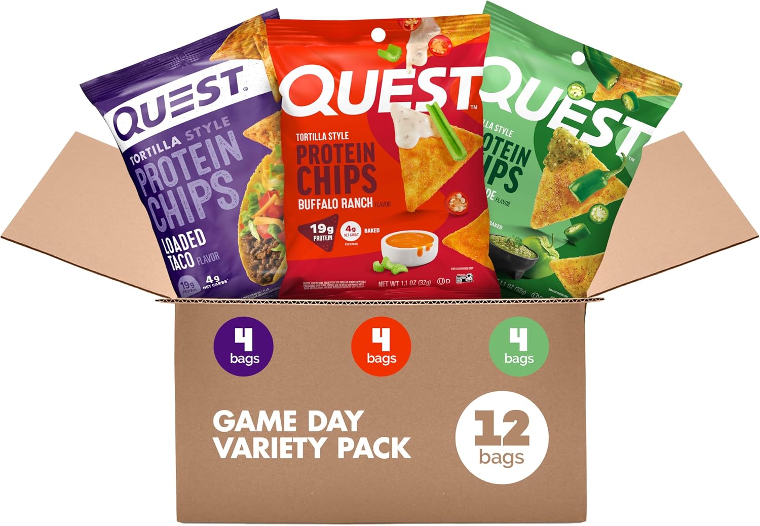 Quest Nutrition Game Day Tortilla Style Protein Chips Variety Pack, Buffalo Ranch x4, Salsa Verde x4, Loaded Taco x4, 1.1 oz (Pack of 12)