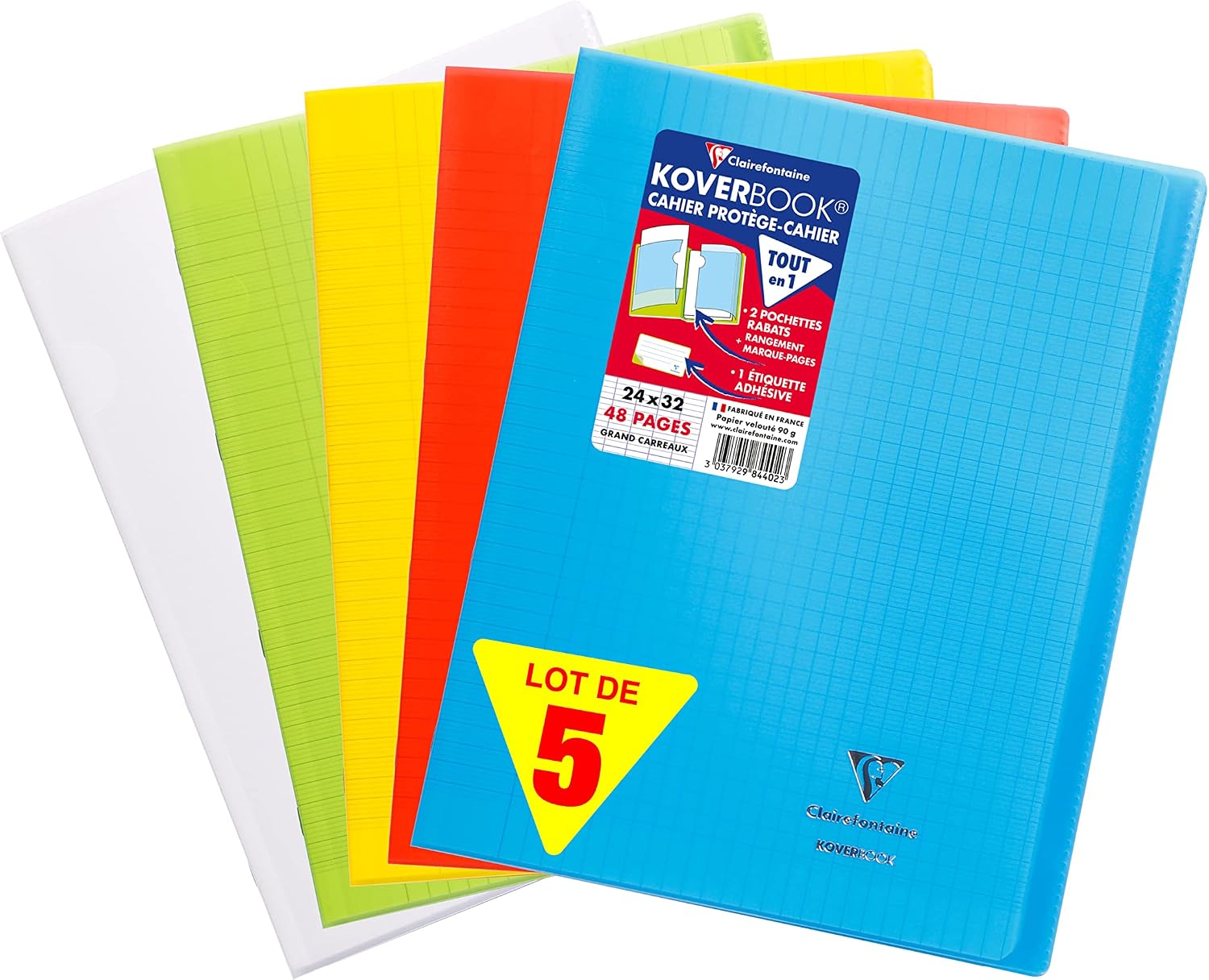 Clairefontaine 984450AMZC Koverbook Polypropylene Cover 48 Pages 24 x 32 cm Large Squares – Pack of 5 (Blue, Green, Red, Yellow and Colourless)