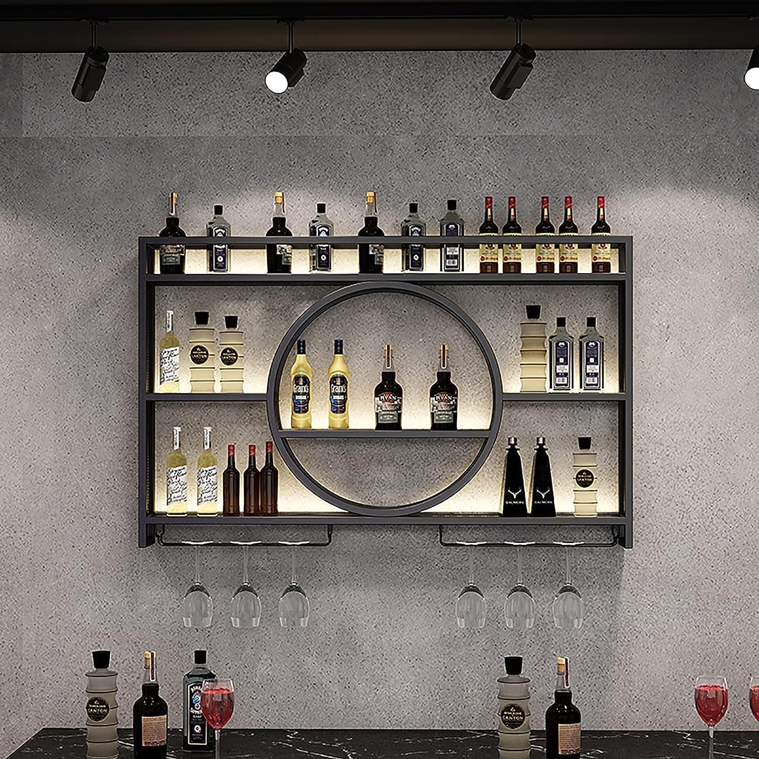 Modern Metal Wall Mounted Wine Rack, Wine Rack For Cupboard, Bar Unit Wall Wine Display Racks, Multifunctional Iron Champagne Stemware Wine Glass Rack for Home, Restaurant, Bar (Black,140x15x80cm)