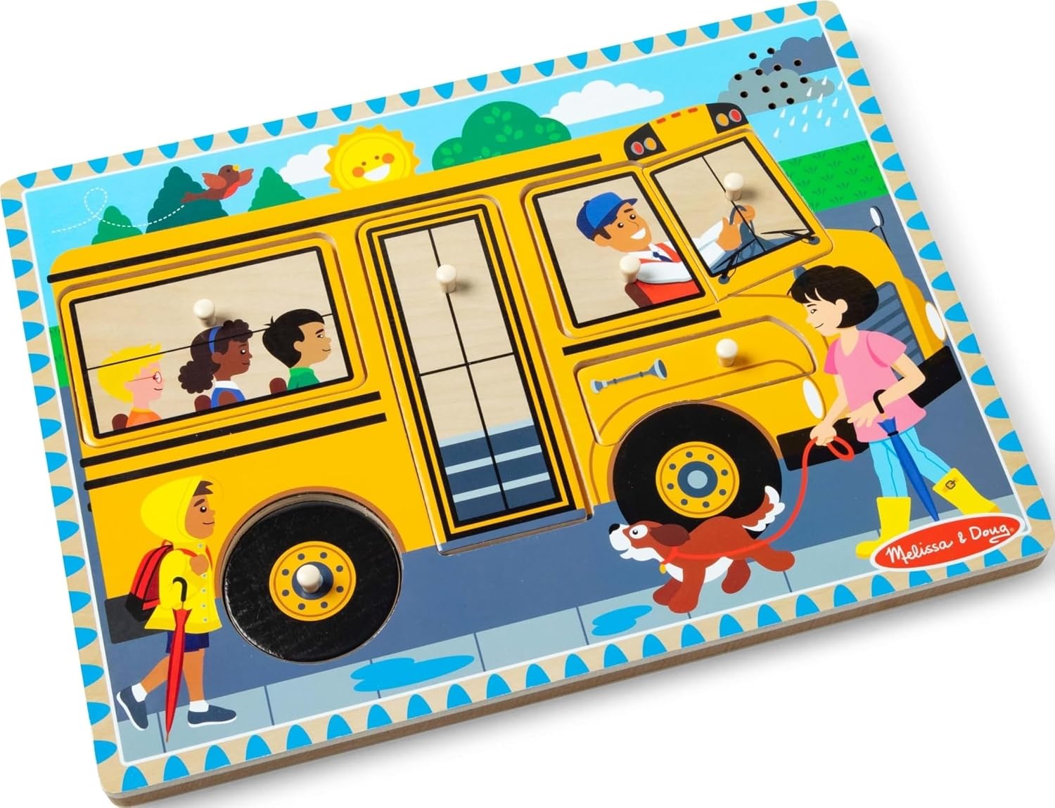 Melissa & Doug The Wheels on The Bus Song Puzzle – 8-Piece Wooden Peg Puzzle with Light-Activated Sounds, Music Learning Toy for Toddlers and Preschoolers Ages 2+