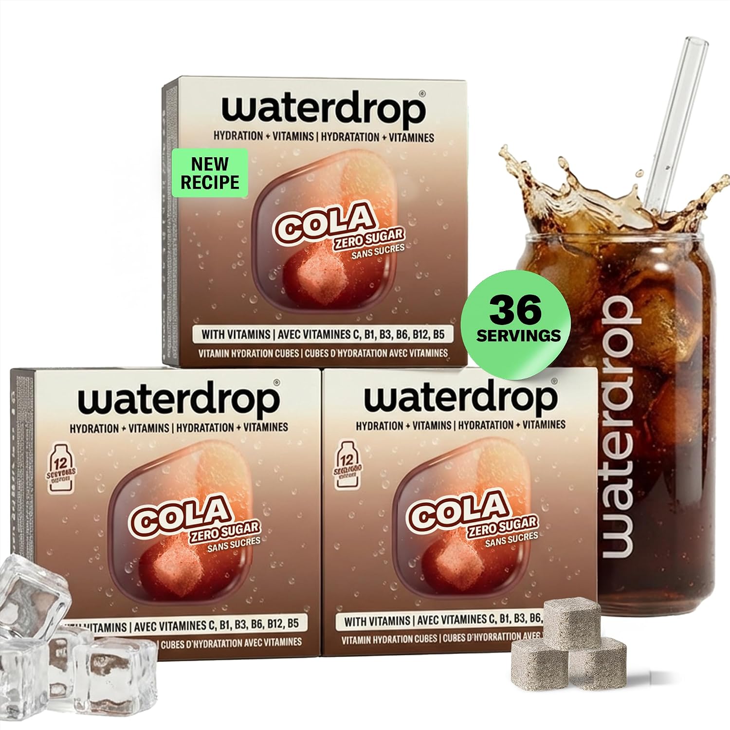 Waterdrop Hydration Cubes With Vitamin C, B Vitamins & Electrolytes, Cola Flavor Electrolyte Variety Pack, Flavored Water Enhancer Cubes for Still & Sparkling Water, Low Calorie, Sugar Free, 36 Count - New Recipe