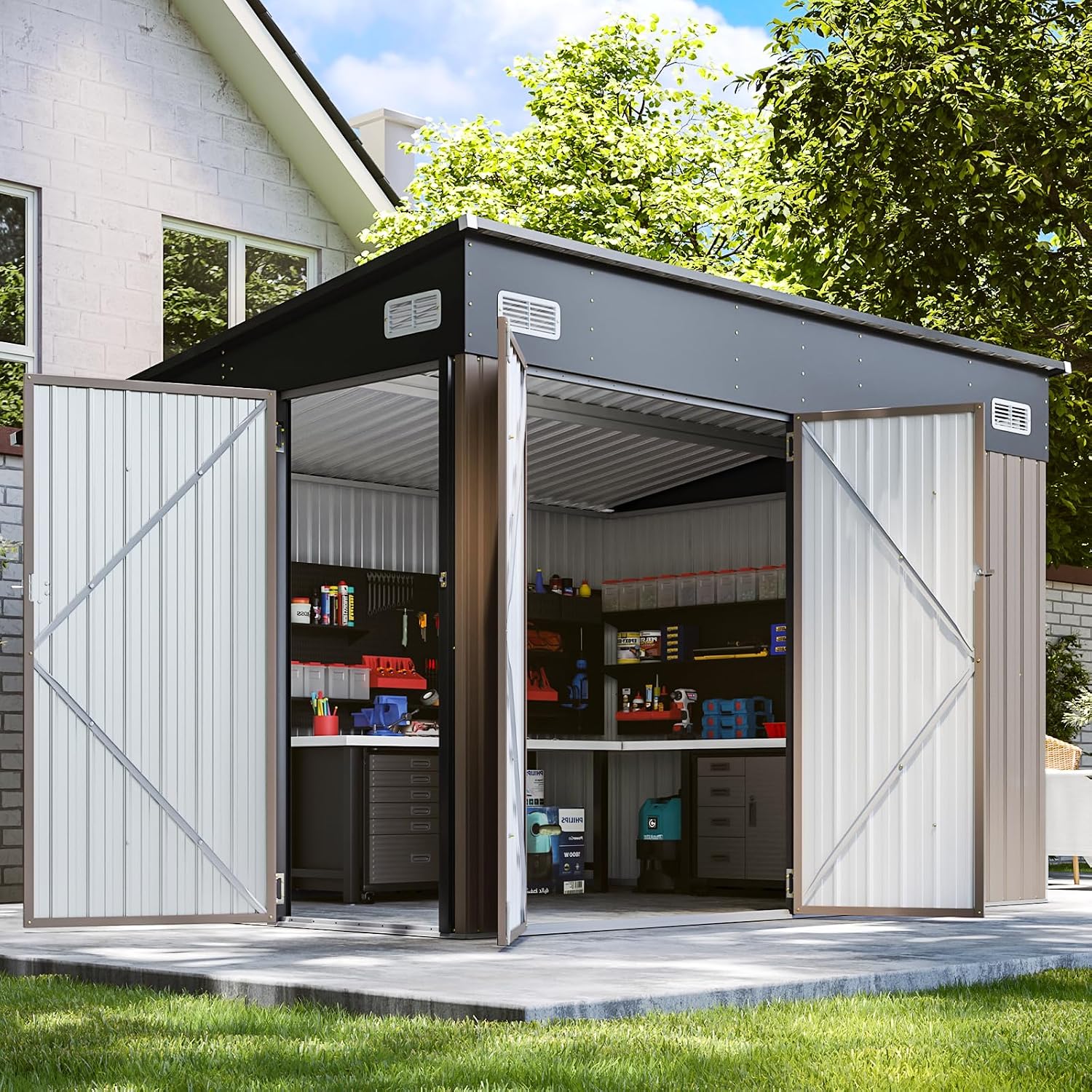 355 cu.ft Shed Premium Galvanized Steel Storage Sheds with Triple Doors 9.5x7.4 Ft Weatherproof Outdoor Utility Sheds, Dual Lock Lean to Shed for Mower, Bike, Generator, Garden Tools (Brown)