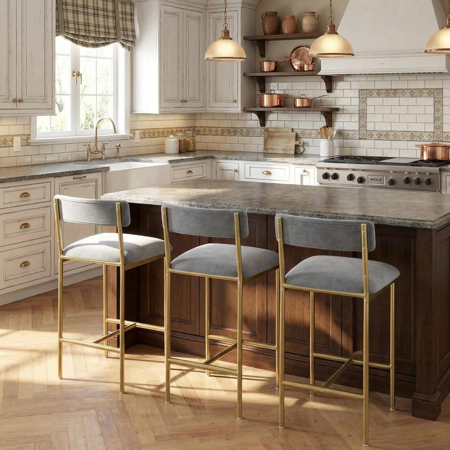 Garvee Bar Stools Set of 4, Upholstered Counter Height Bar Stool, Gold | Backrest and Footrest, Wider Seat, Kitchen Barstools for Kitchen Island, Dining Room, Easy Assembly,