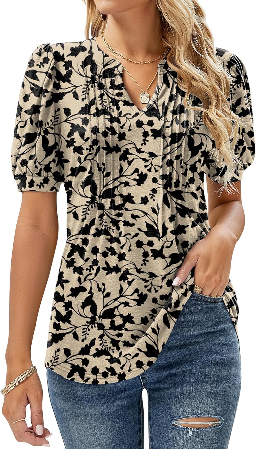 EFFAN Womens V Neck Tops Puff Short Sleeve T-Shirt Pleated Floral Printed Tunic Blouse Shirts