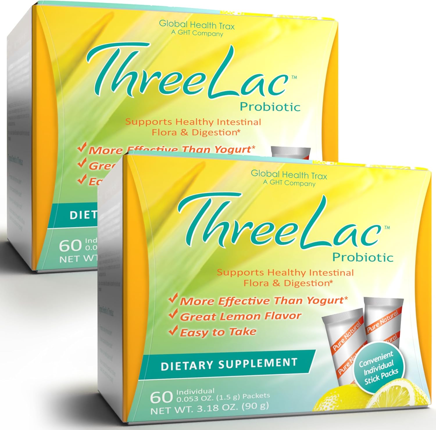 Global Health Trax ThreeLac Lemon Probiotic Drink Mix for Digestive Health - Advanced Probiotic Powder Formula for Men, Women, and Kids - Immune Support & Gut Balance, Non-GMO - 120 Packets