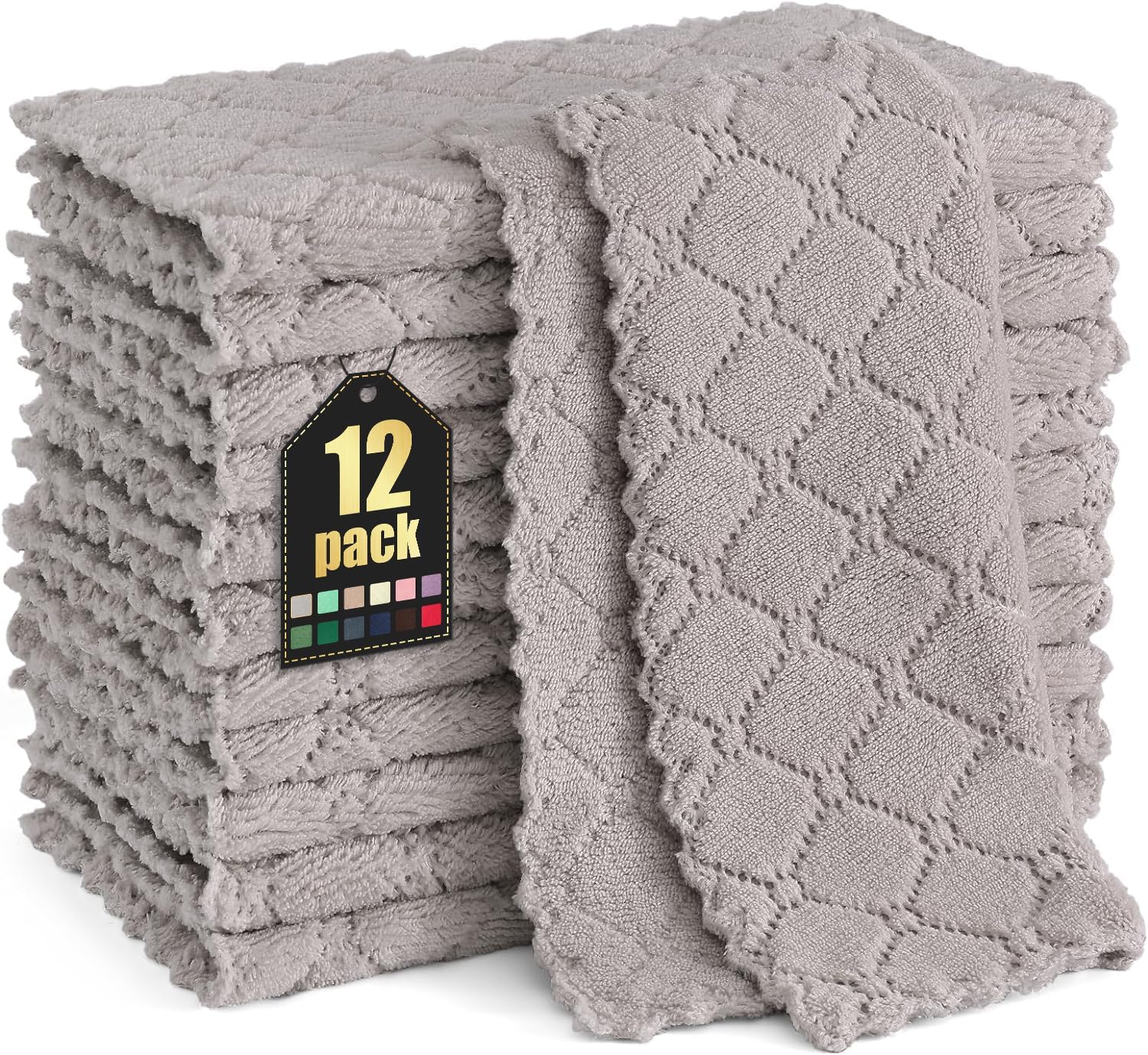 Homaxy 12 Pack Kitchen Dish Cloths (10 x 10 Inches, Grey), Super Soft and Absorbent Coral Velvet Dish Towels, Nonstick Oil Fast Drying Microfiber Cleaning Cloth, No Lint Household Dishcloths