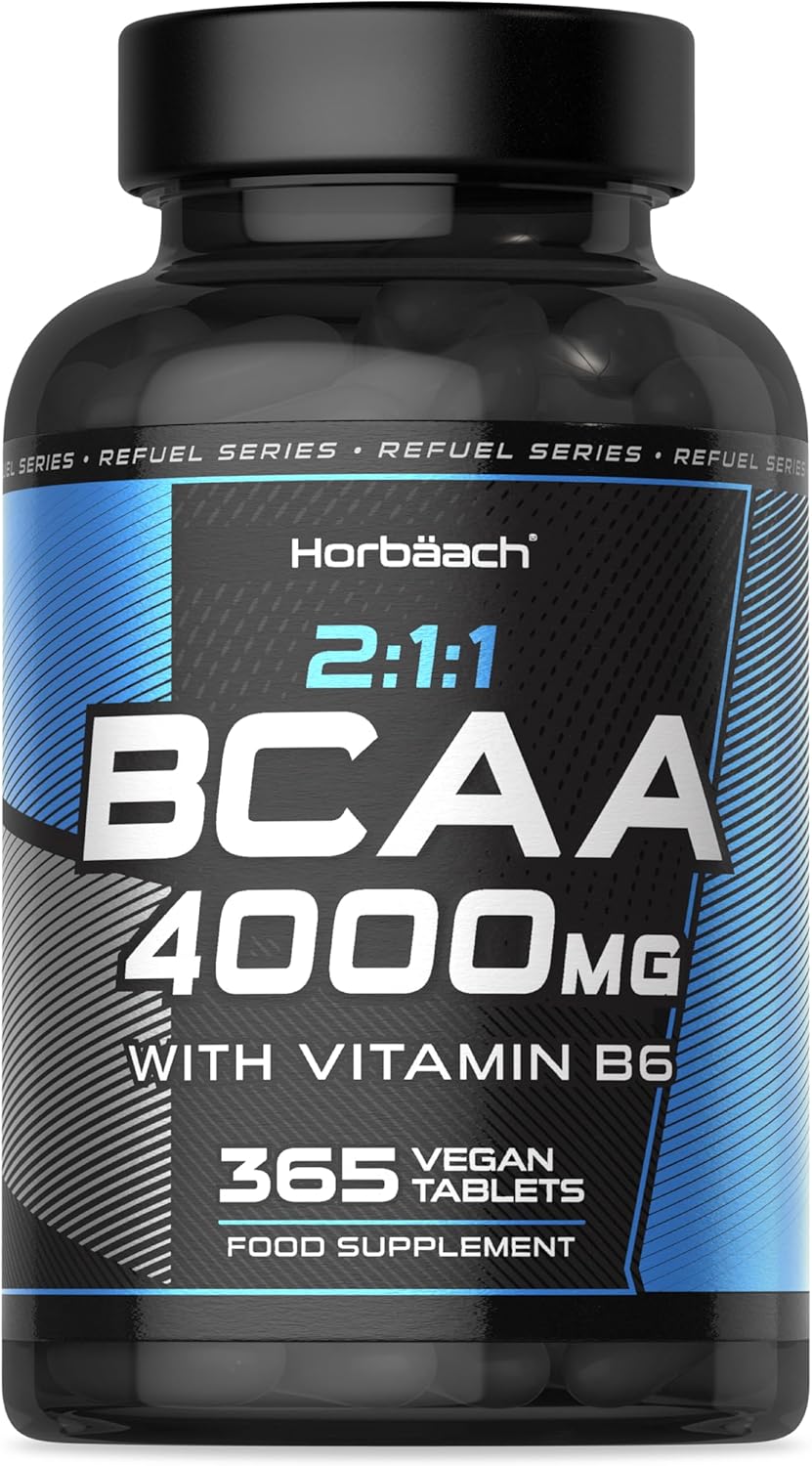BCAA Tablets 4000mg | 365 Vegan Tablets | Essential Amino Acid Supplement with Vitamin B6 | 2:1:1 Ratio | BCAA Powder and Capsules Alternative Pre Workout | by Horbaach