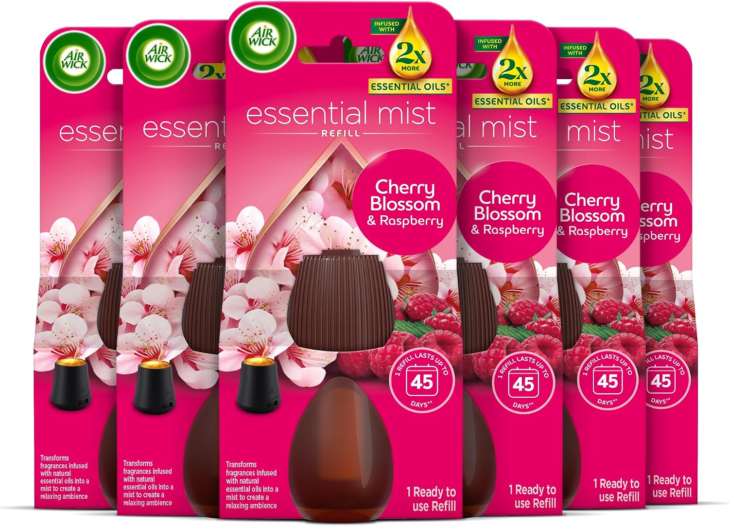 Air Wick Cherry Blossom & Raspberry Essential Mist Single Refills 6x20ml, Lasting for up to 45 days per refill, Air Freshener