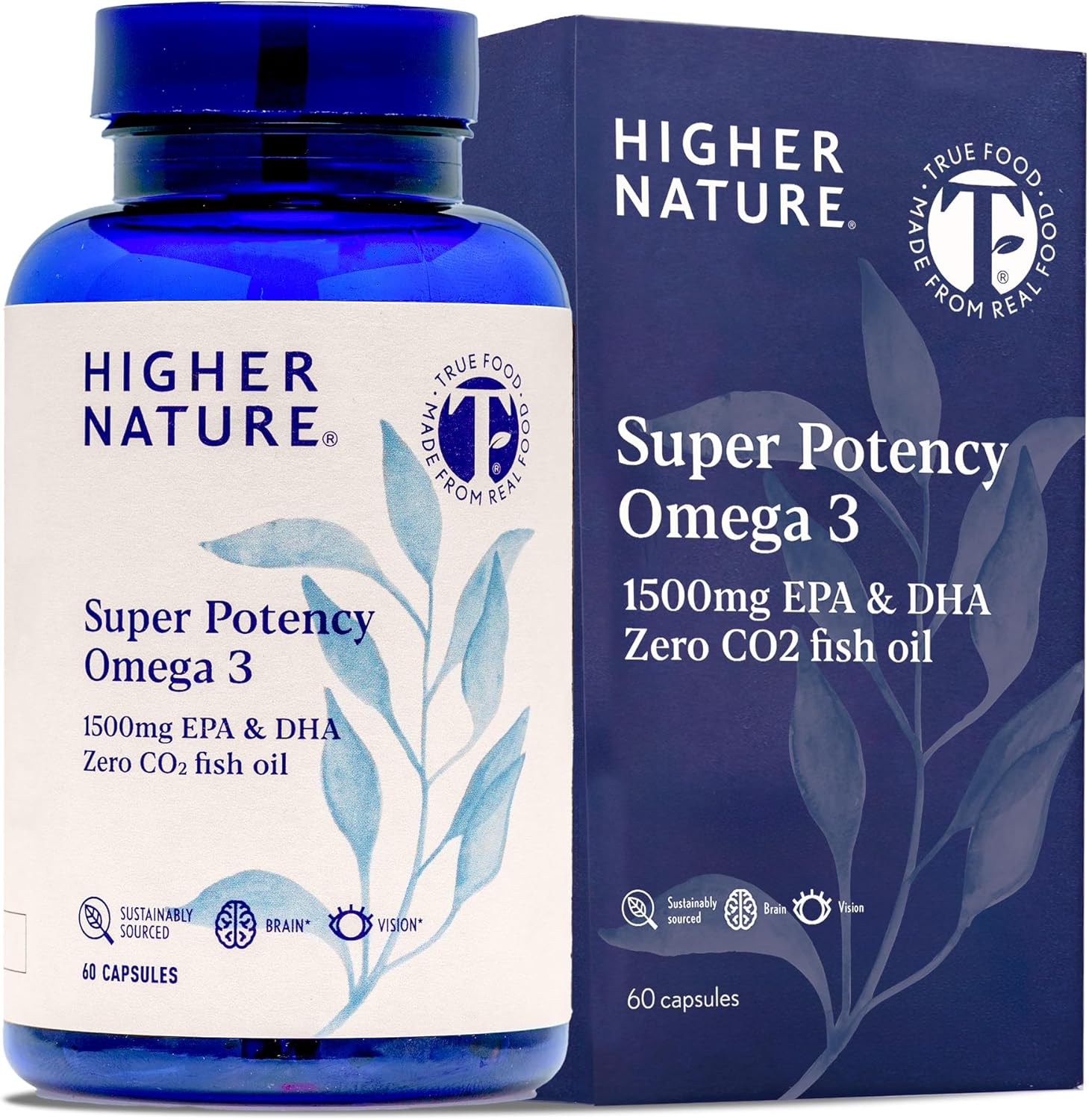 Higher Nature - Omega 3 2000mg with 1000mg EPA & 500mg DHA Per Serving - Super Potency Omega 3 True Foodยฎ Formula Fish Oil Supplement - Supports Eye, Brain & Heart Health - 60 Capsules