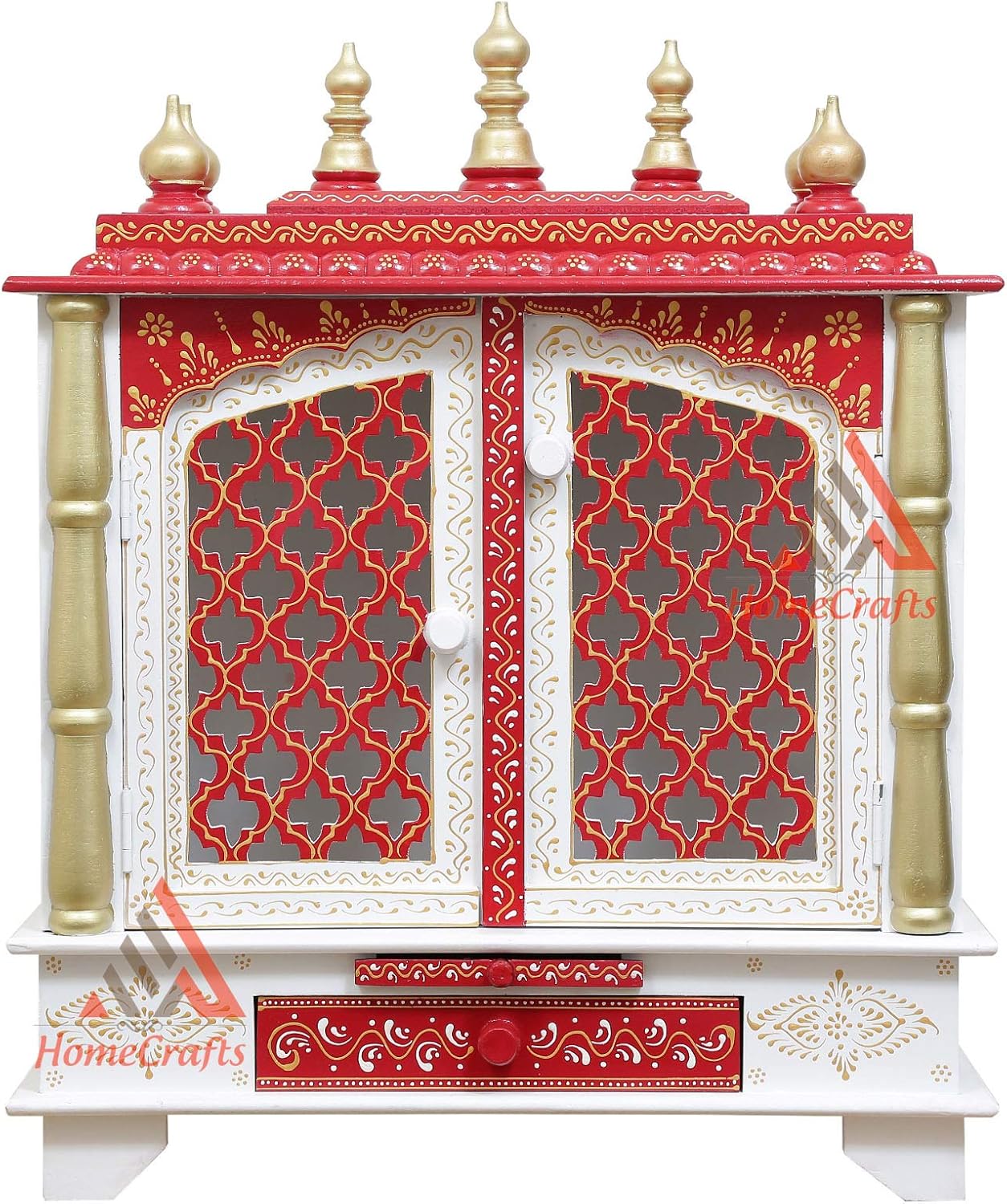 Aakrati Wooden Temple/Pooja Mandir for Home (Medium 18x12x24 INCH (WxDxH), White-RED)