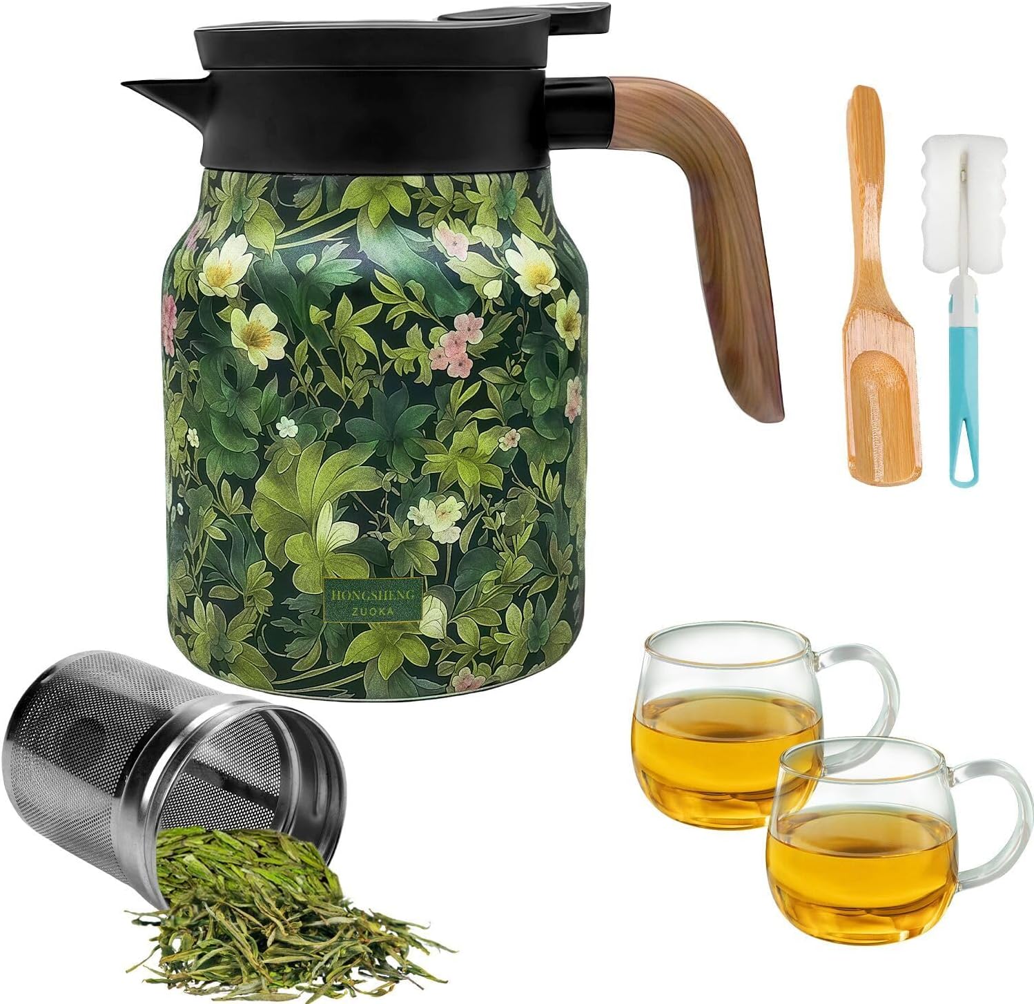 Vintage Floral Pattern Tea Thermos, 35Oz Doresty Thermos Tea Pot, Vintage Teapot with Infuser，Insulated Teapot with Lid, Stainless Steel Thermal Carafe Detachable Hot Coffee Pot