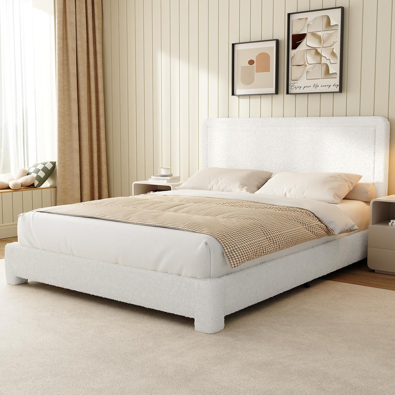 Queen Size Boucle Bed Frame, Upholstered Teddy Fabric Bed Frame with Headboard, Soft Rounded Corners, No Box Spring Required, Adjustable Headboard, Easy Assembly