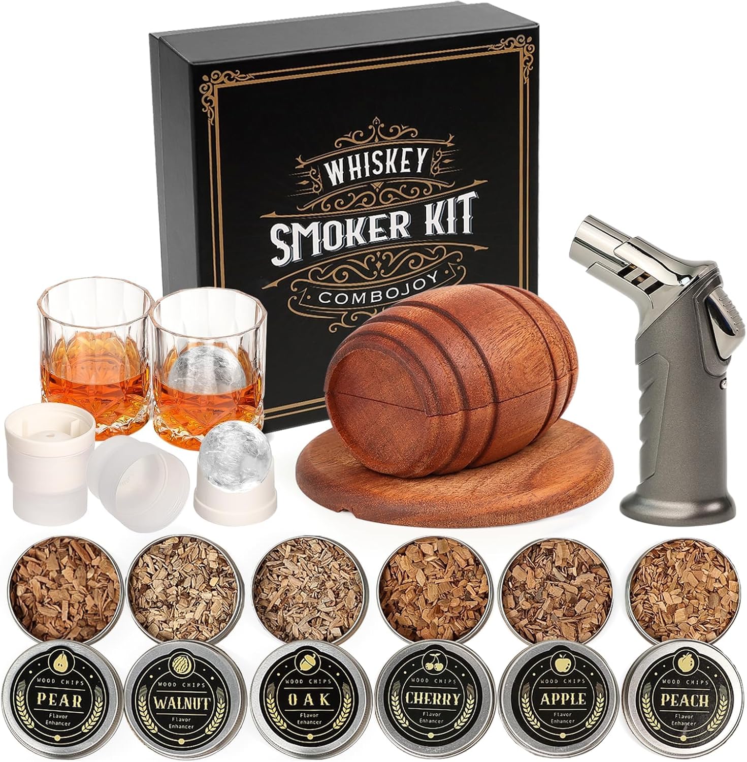 ComboJoy Whiskey Smoker Kit with Torch - 6 Flavors Wood Chips, 2 Glasses, 2 Ice Ball Molds - Cocktail Smoker Infuser Kit, Old Fashioned Drink Smoker Kit, Birthday Bourbon Gifts for Men,Dad(NO Butane)