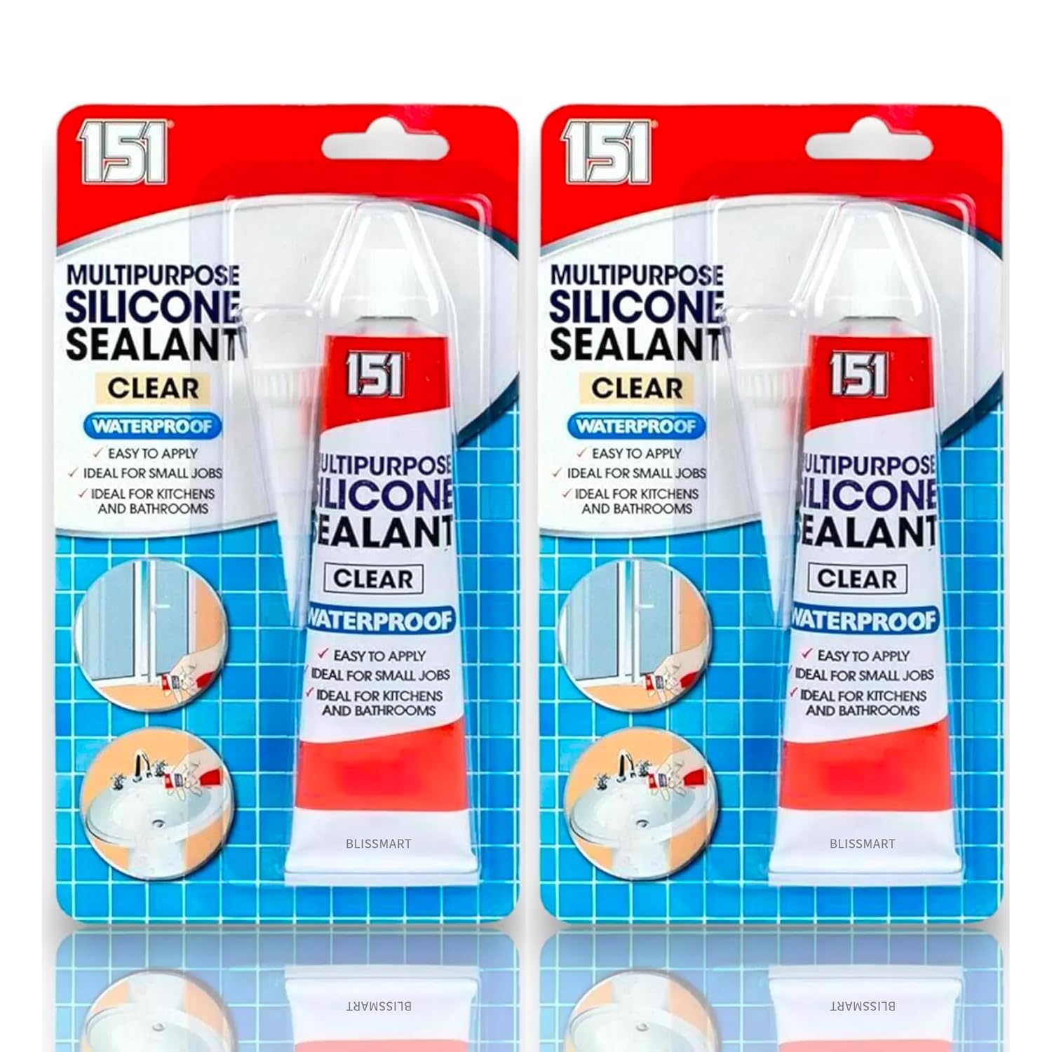 BlissMart Multipurpose Silicone Sealant – Extra Strong Waterproof Quick Bond – Clear 70g x 2 Tubes – No Gun Needed, Mold Resistant, Kitchen, Bathroom, Glass, Wood, Metal (Clear)